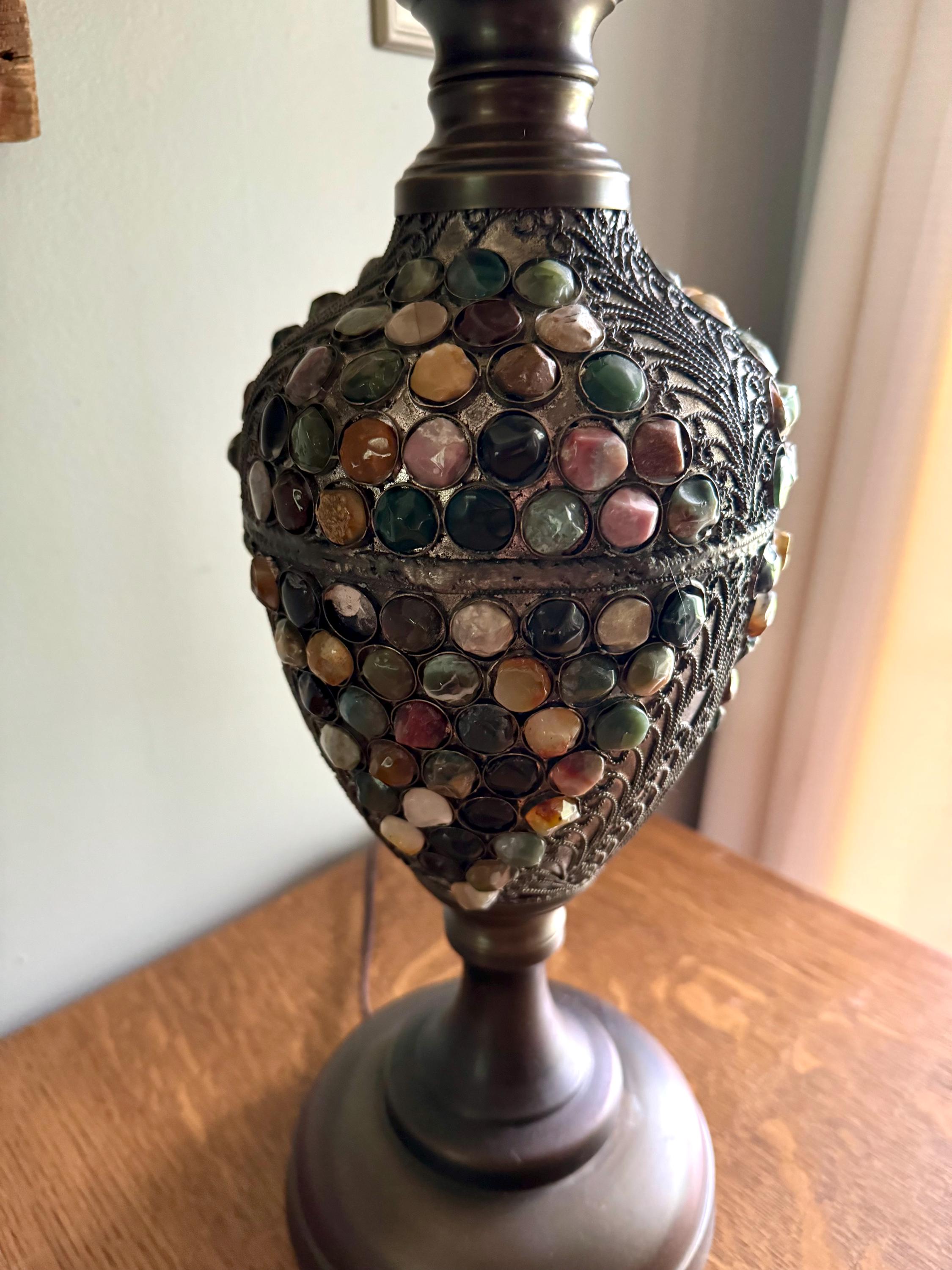 Vintage Currey & Company Metal and Stone Lamp | Stone Embossed Lamp | Currey and Company Metal Filigree Lamp | Boho Lamp