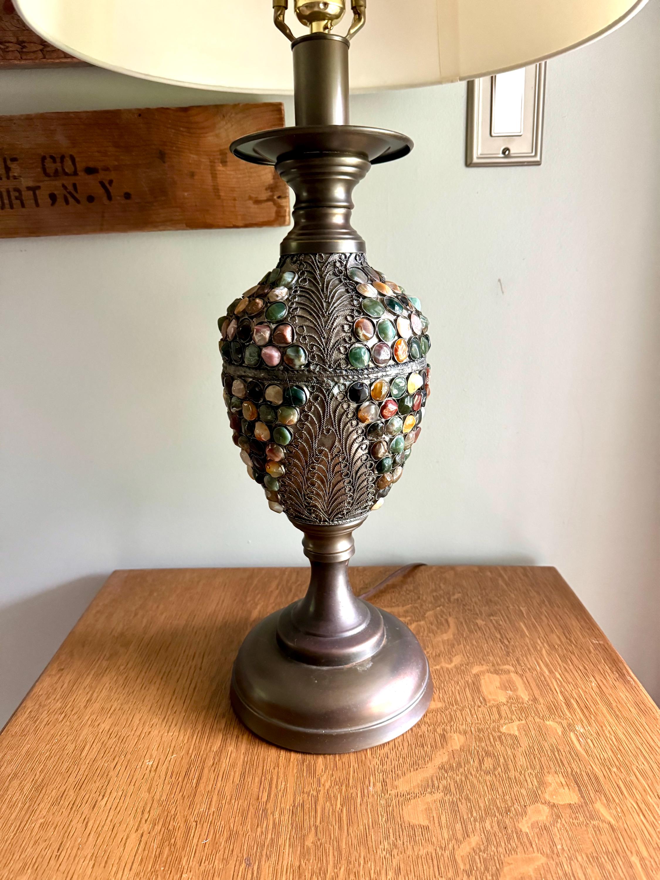 Vintage Currey & Company Metal and Stone Lamp | Stone Embossed Lamp | Currey and Company Metal Filigree Lamp | Boho Lamp