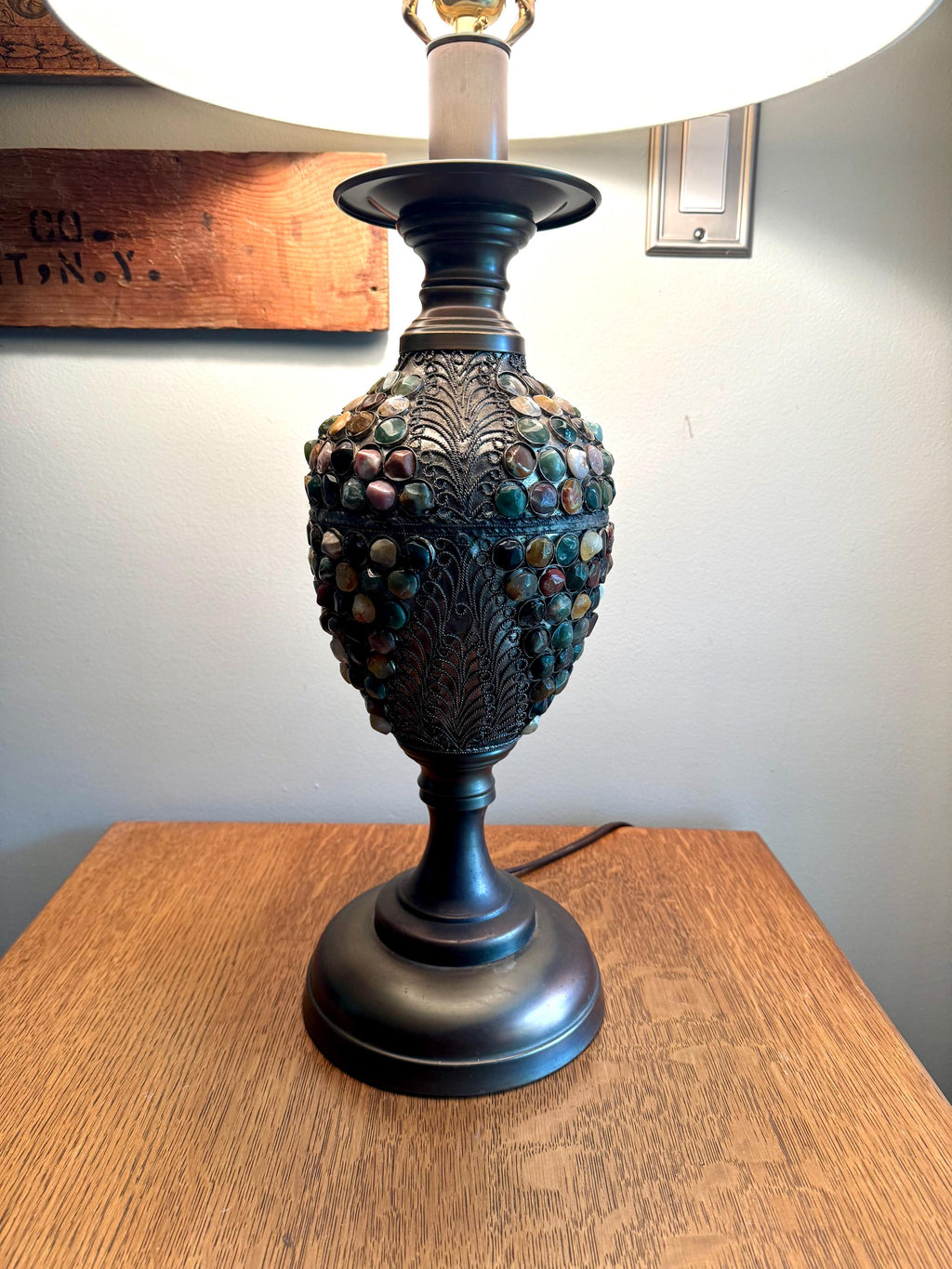 Vintage Currey & Company Metal and Stone Lamp | Stone Embossed Lamp | Currey and Company Metal Filigree Lamp | Boho Lamp