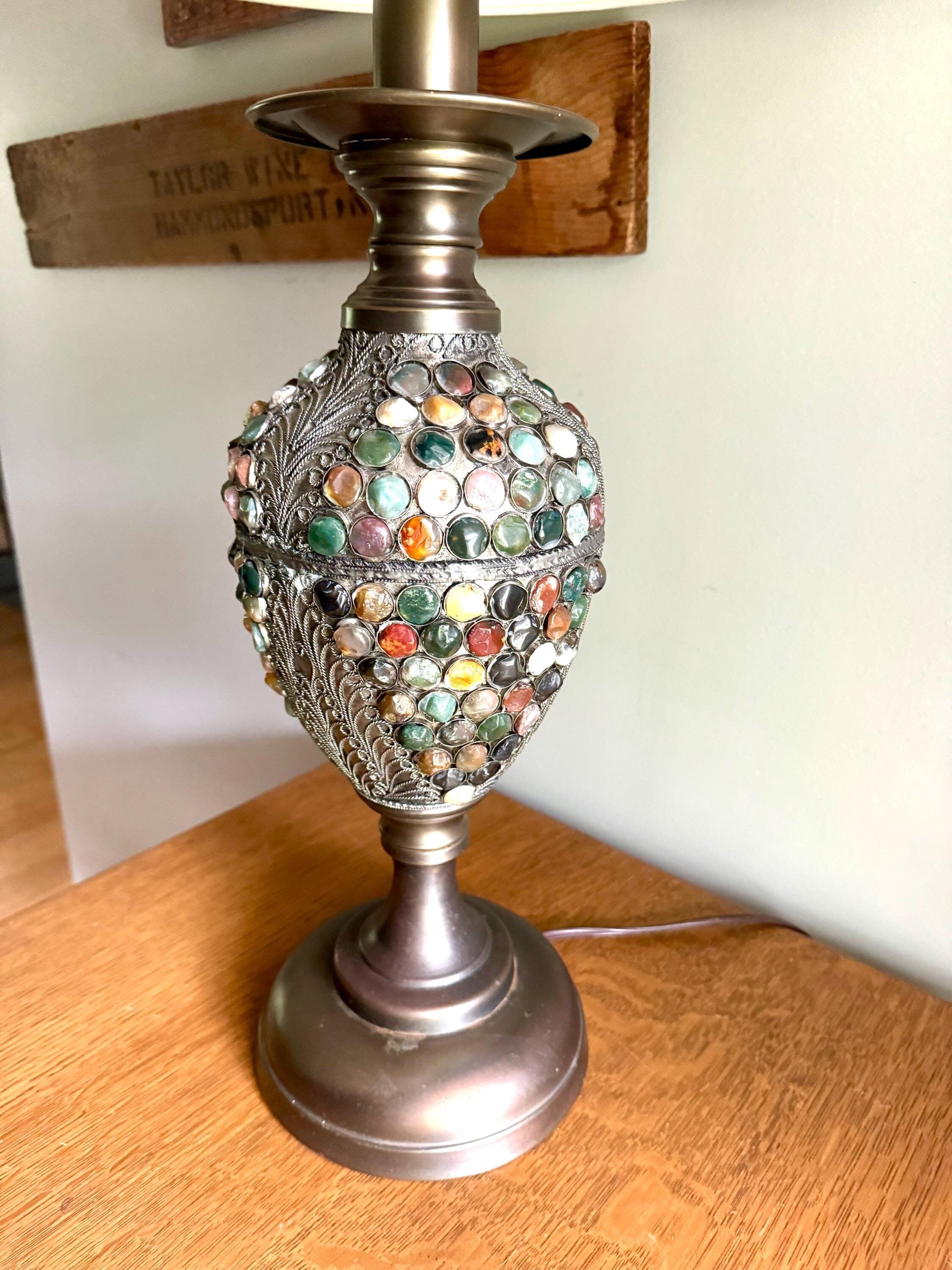 Vintage Currey & Company Metal and Stone Lamp | Stone Embossed Lamp | Currey and Company Metal Filigree Lamp | Boho Lamp