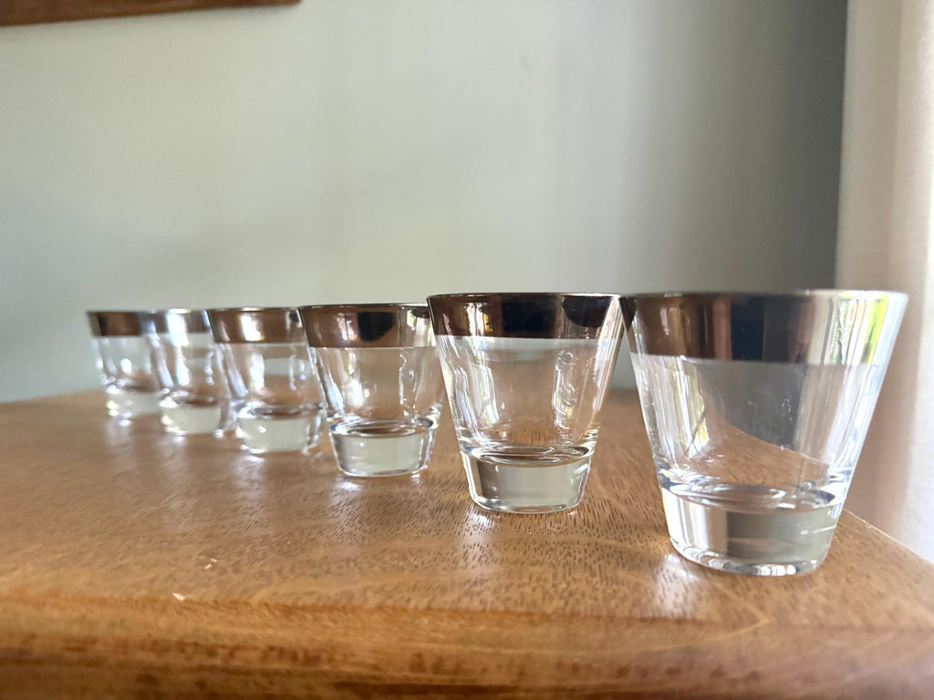 Set of 6 Mid Century Modern Dorothy Thorpe Shot Glasses | Silver Rimmed Glasses | 6 Double Shot Glasses | MCM Barware