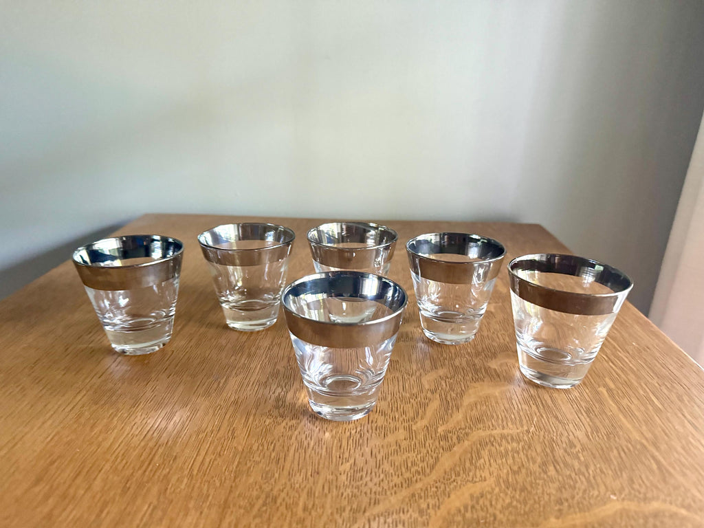 Set of 6 Mid Century Modern Dorothy Thorpe Shot Glasses | Silver Rimmed Glasses | 6 Double Shot Glasses | MCM Barware