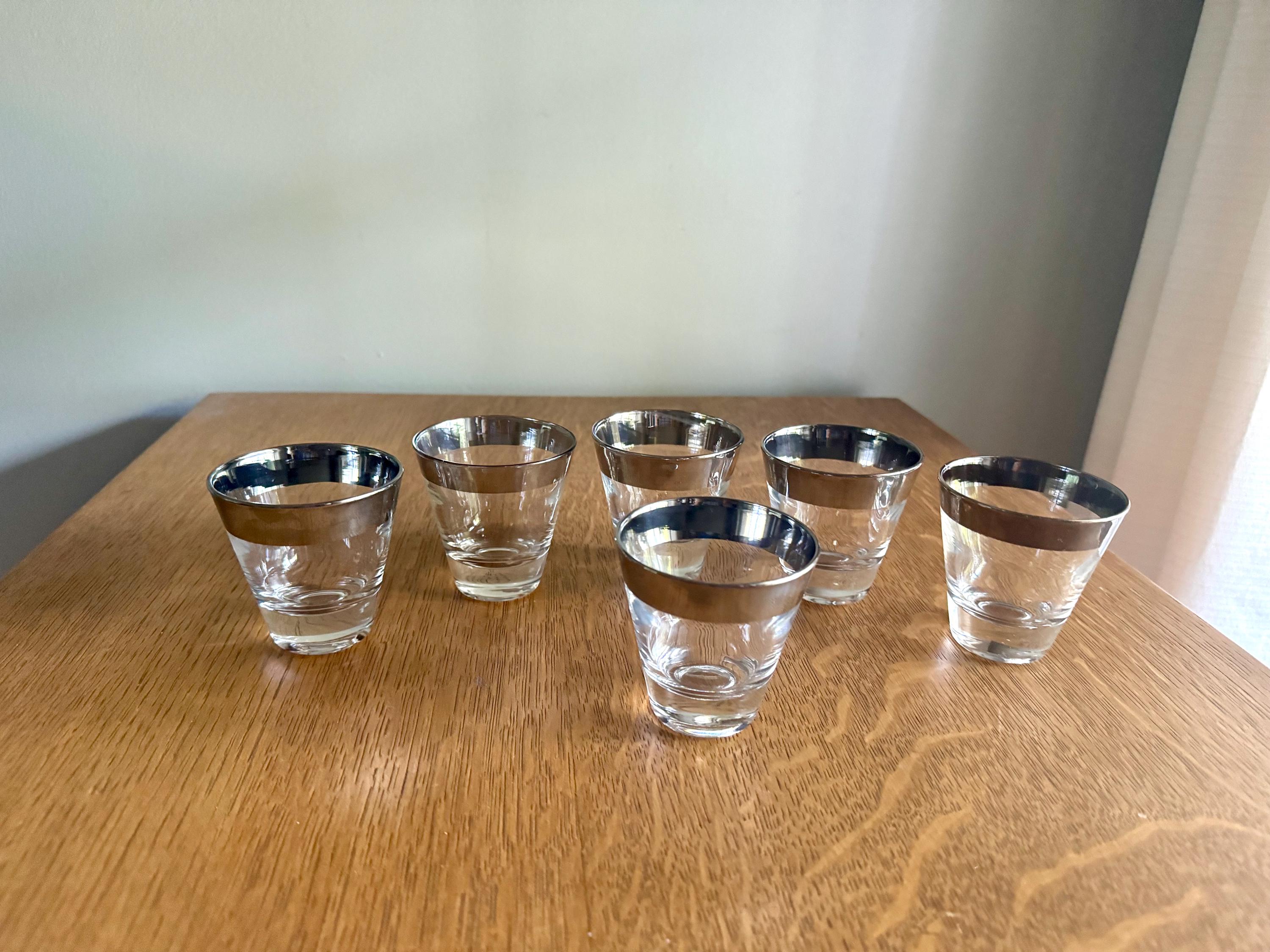 Set of 6 Mid Century Modern Dorothy Thorpe Shot Glasses | Silver Rimmed Glasses | 6 Double Shot Glasses | MCM Barware