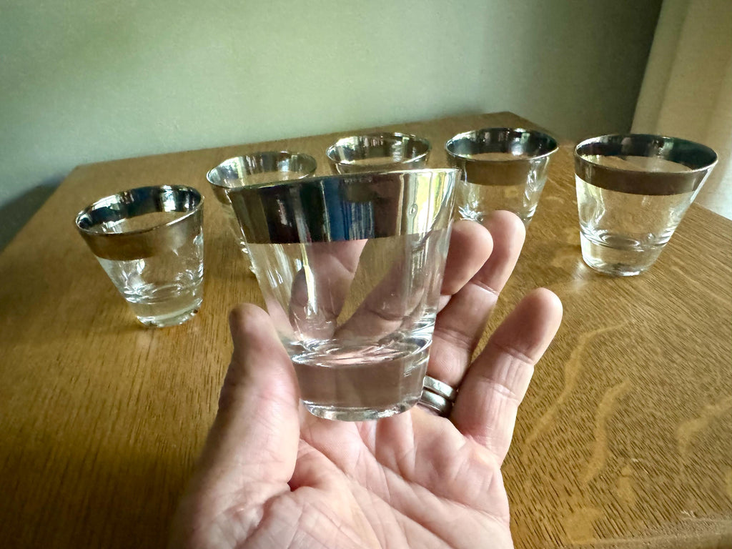 Set of 6 Mid Century Modern Dorothy Thorpe Shot Glasses | Silver Rimmed Glasses | 6 Double Shot Glasses | MCM Barware