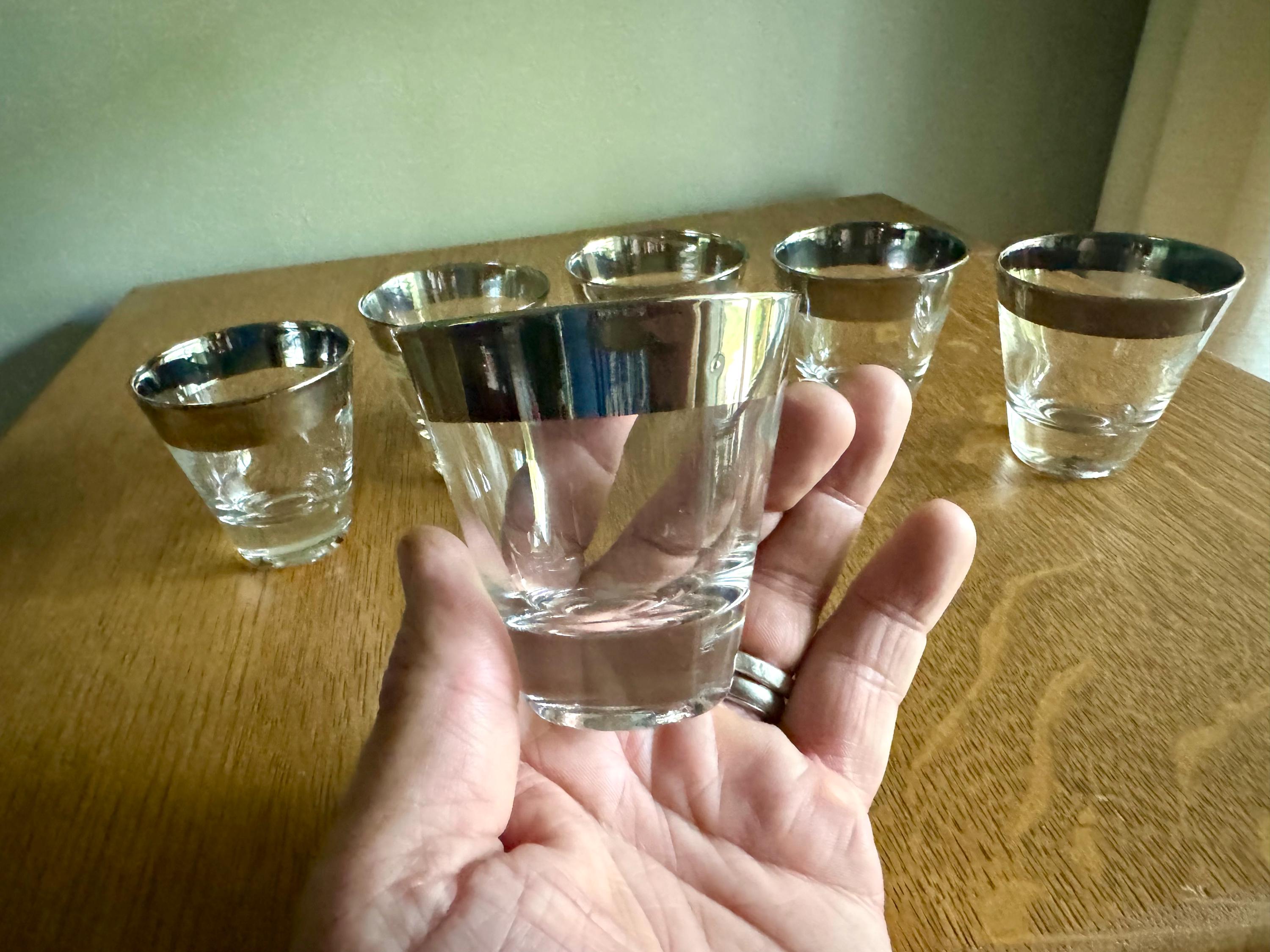 Set of 6 Mid Century Modern Dorothy Thorpe Shot Glasses | Silver Rimmed Glasses | 6 Double Shot Glasses | MCM Barware