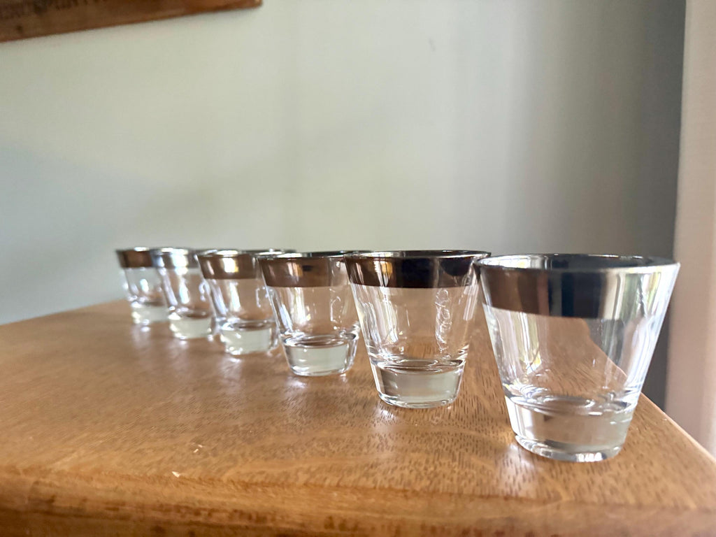 Set of 6 Mid Century Modern Dorothy Thorpe Shot Glasses | Silver Rimmed Glasses | 6 Double Shot Glasses | MCM Barware
