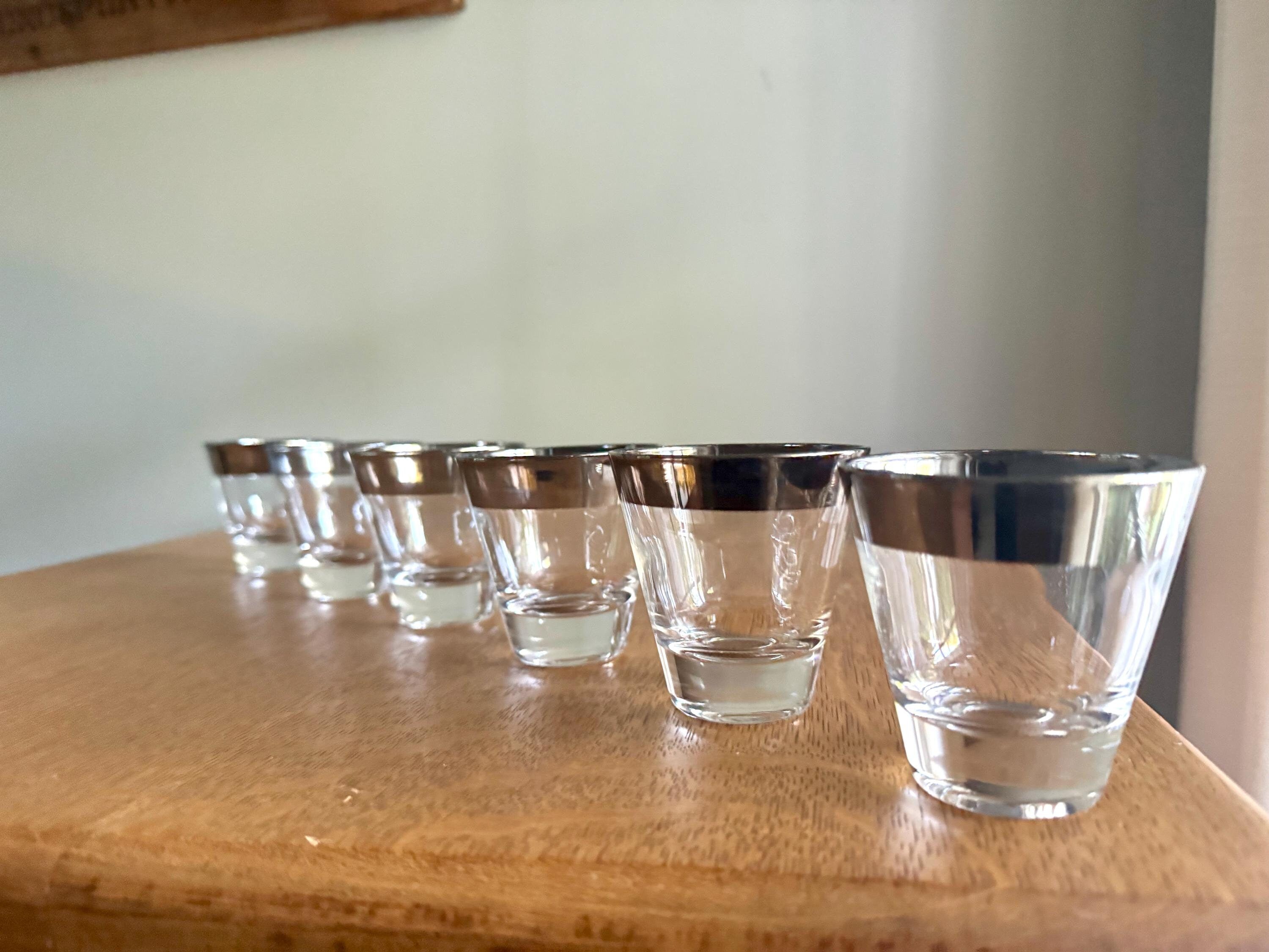 Set of 6 Mid Century Modern Dorothy Thorpe Shot Glasses | Silver Rimmed Glasses | 6 Double Shot Glasses | MCM Barware