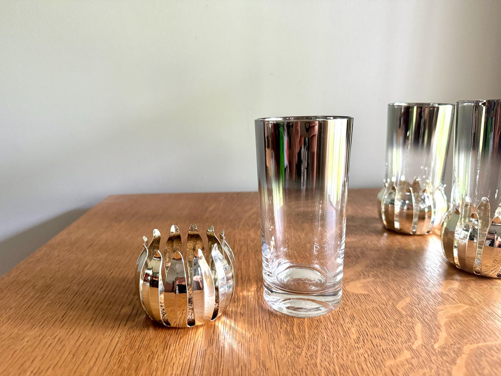 A Set of 3 Lotus Silver Coaster and Silver Rimmed Glasses | 3 Silver Lotus Style Cork Base Coasters and 3 Silver Rimmed Drinking Glasses