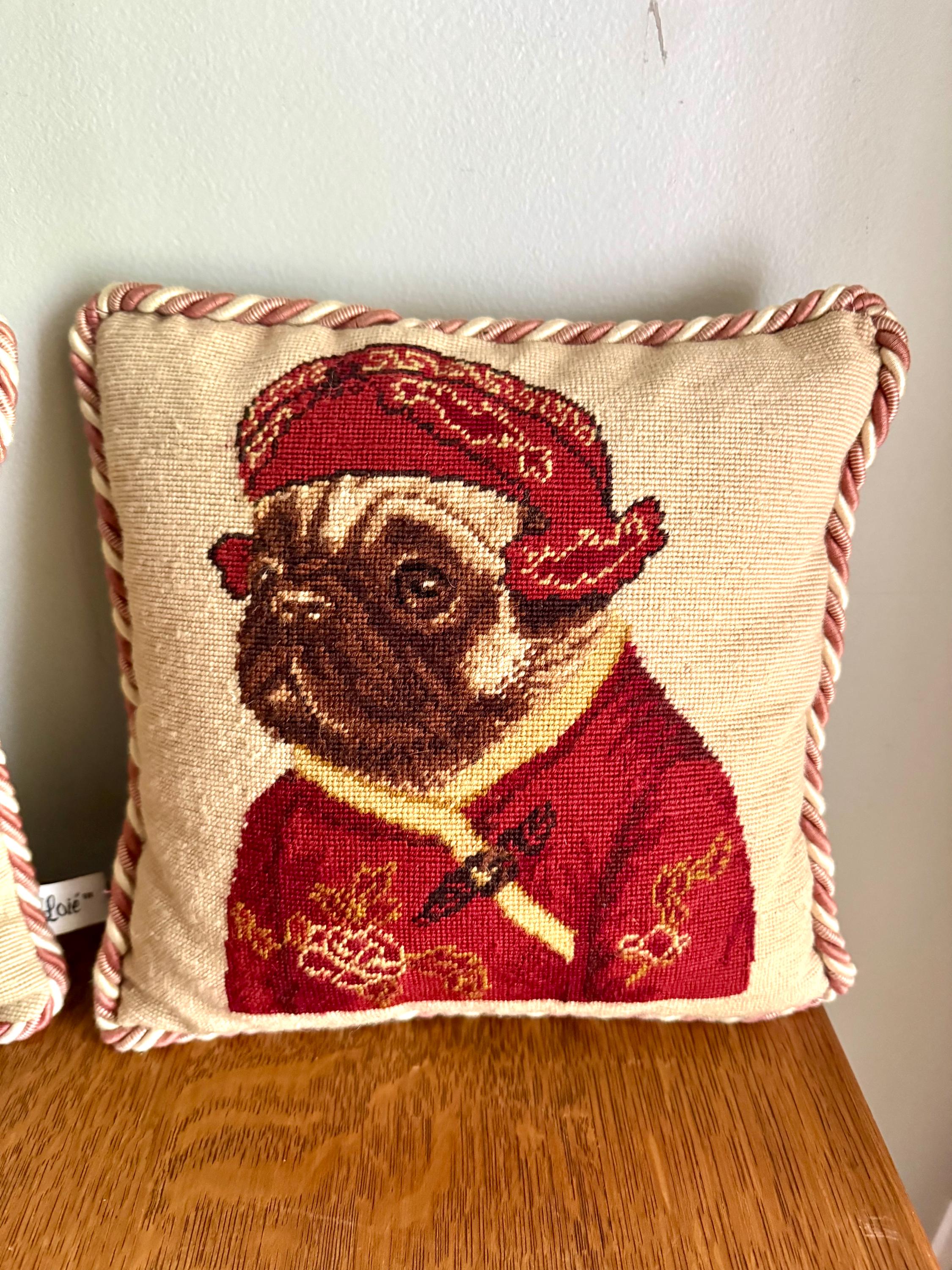 A Pair Loie 10" Square Pug Needle Point Pillows | Ancient Chinese Pug Costume Needlepoint Pillows | Whimsical Pug Pillows