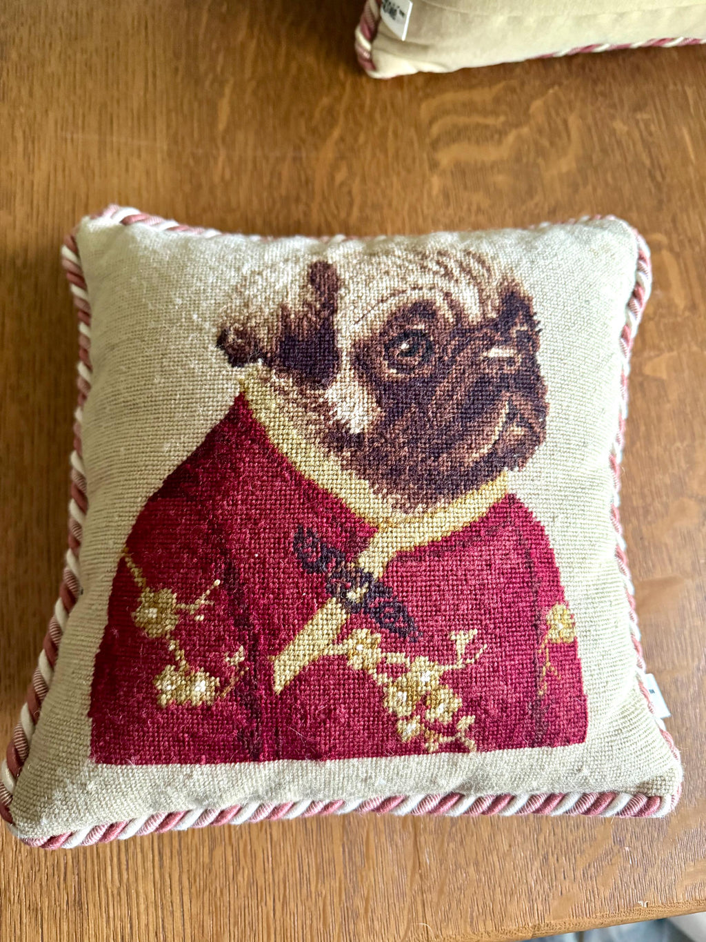 A Pair Loie 10" Square Pug Needle Point Pillows | Ancient Chinese Pug Costume Needlepoint Pillows | Whimsical Pug Pillows