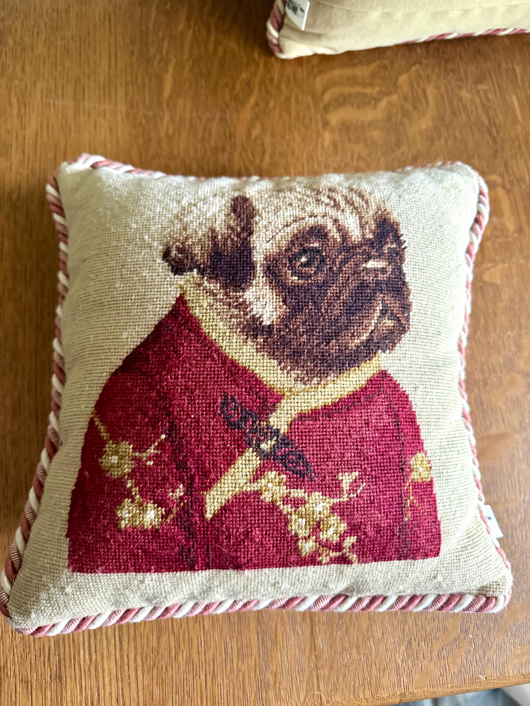 A Pair Loie 10" Square Pug Needle Point Pillows | Ancient Chinese Pug Costume Needlepoint Pillows | Whimsical Pug Pillows