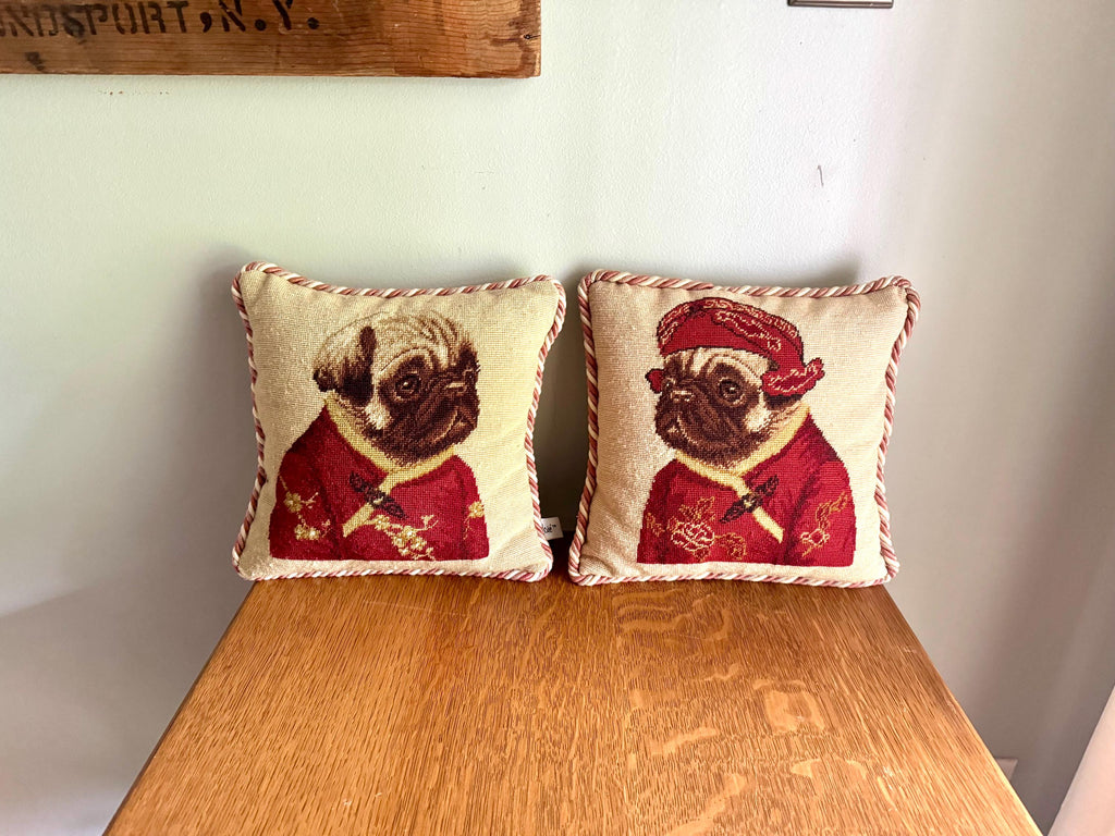 A Pair Loie 10" Square Pug Needle Point Pillows | Ancient Chinese Pug Costume Needlepoint Pillows | Whimsical Pug Pillows