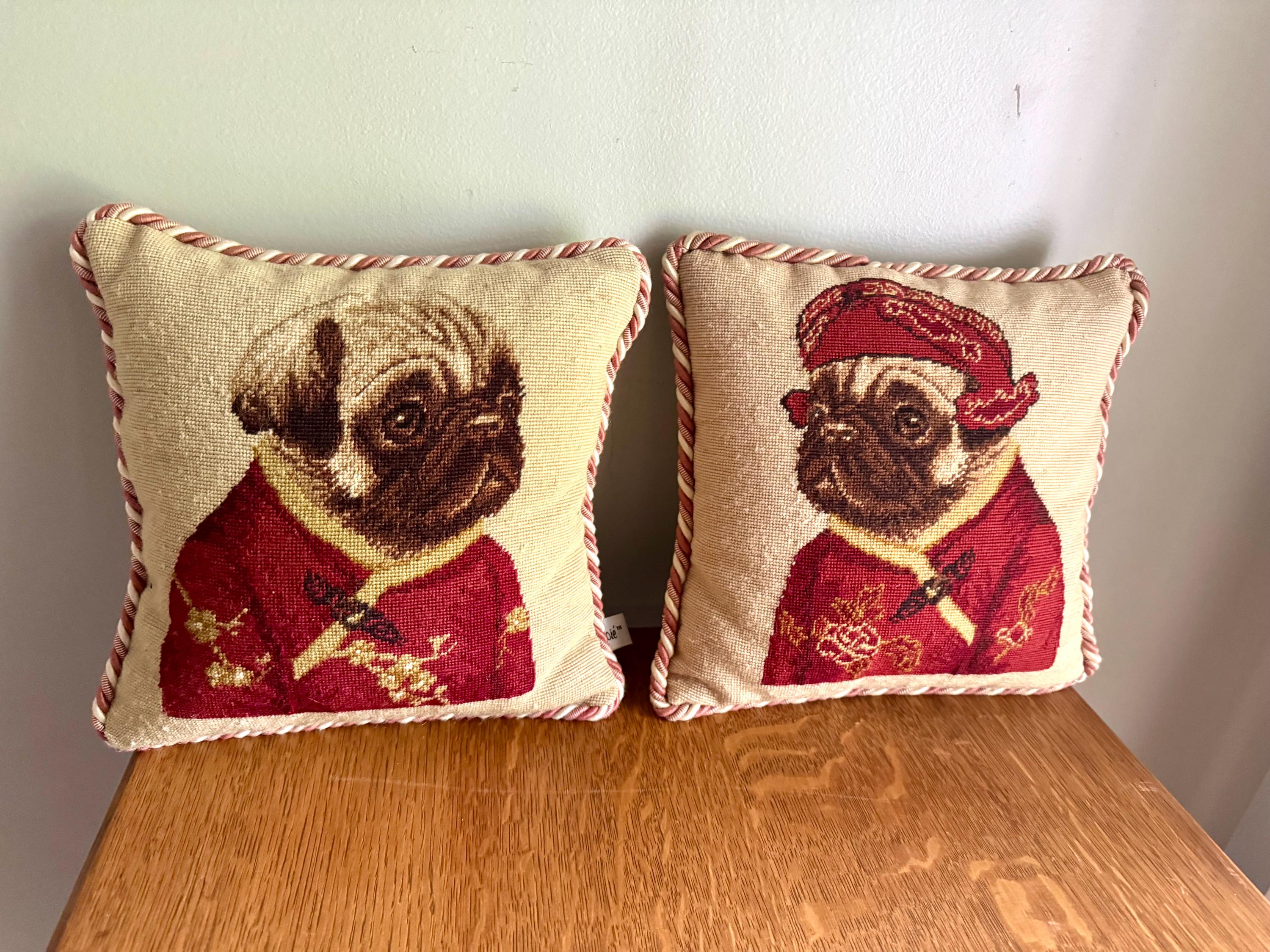 A Pair Loie 10" Square Pug Needle Point Pillows | Ancient Chinese Pug Costume Needlepoint Pillows | Whimsical Pug Pillows