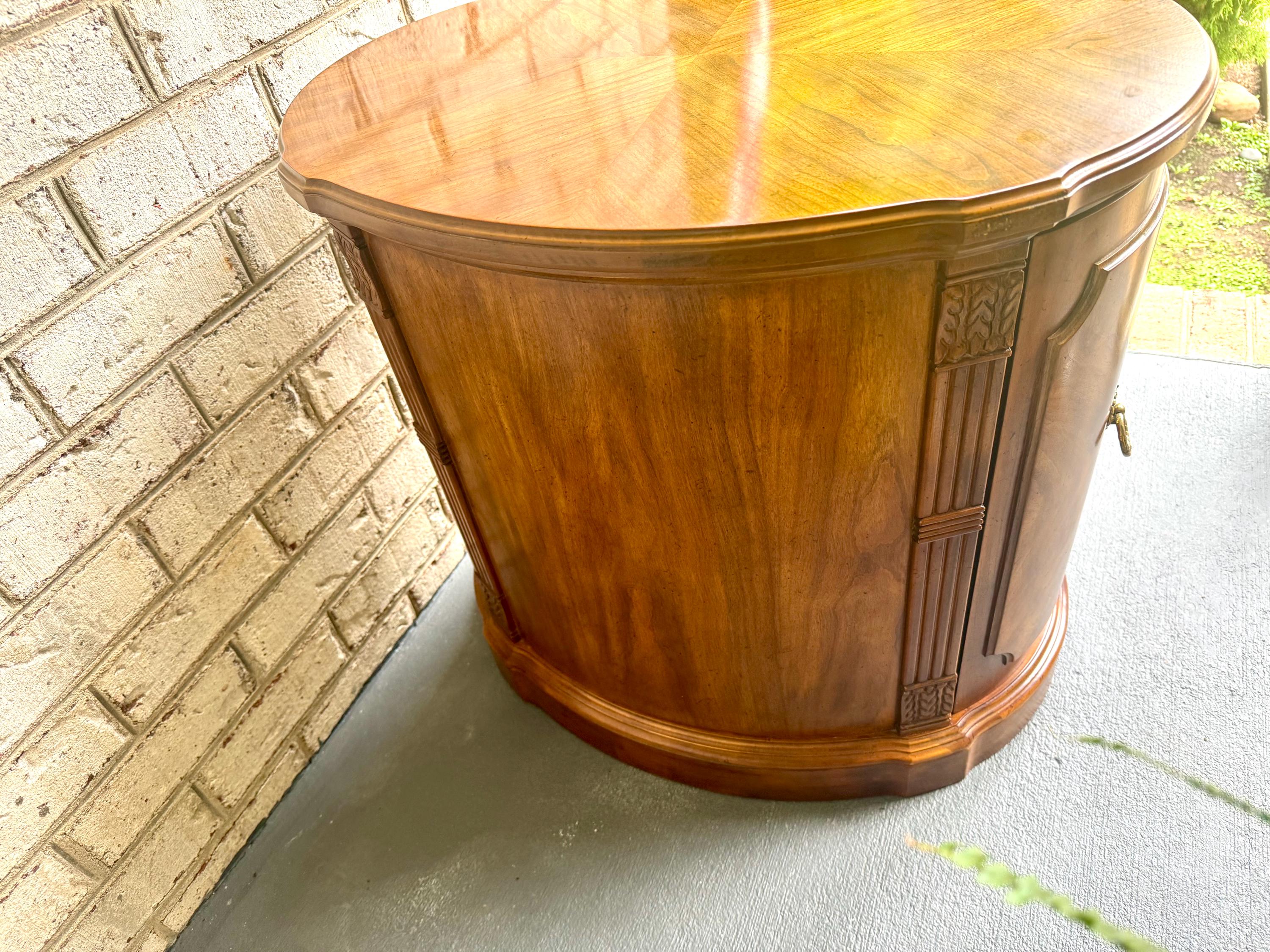 Vintage Drexel Heritage Oval End Table Cabinet | Drexel Heritage Laureate End Table | Art Deco Liquor Cabinet| Italian Provincial Drum Table