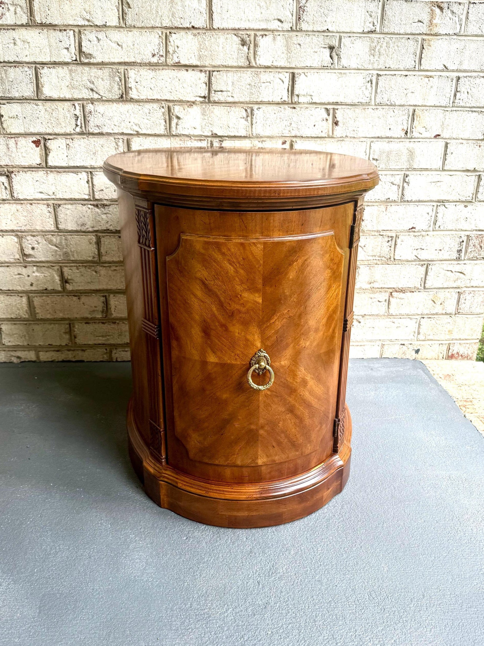 Vintage Drexel Heritage Oval End Table Cabinet | Drexel Heritage Laureate End Table | Art Deco Liquor Cabinet| Italian Provincial Drum Table
