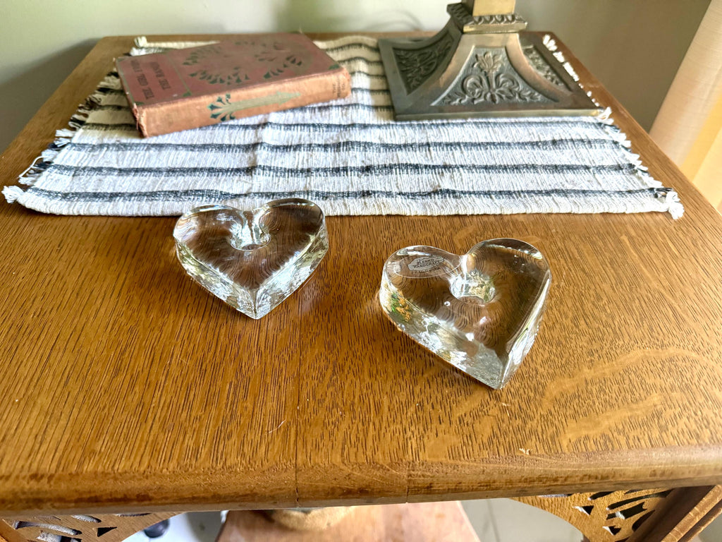 Blenko Ice Heart Glass Candle Holders | Clear Solid Glass Heart Candleholders | Clear Modernist Heart Sculptural Candlestick Holders