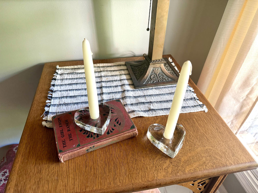 Blenko Ice Heart Glass Candle Holders | Clear Solid Glass Heart Candleholders | Clear Modernist Heart Sculptural Candlestick Holders