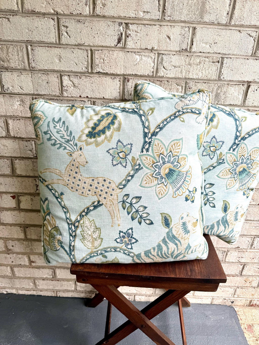 A Pair of Whimsical Jonah Aqua Pillows | Aqua Blue Jonah Fabric Pillows | Whimsical Animal Pillows 19" x 19" pillows