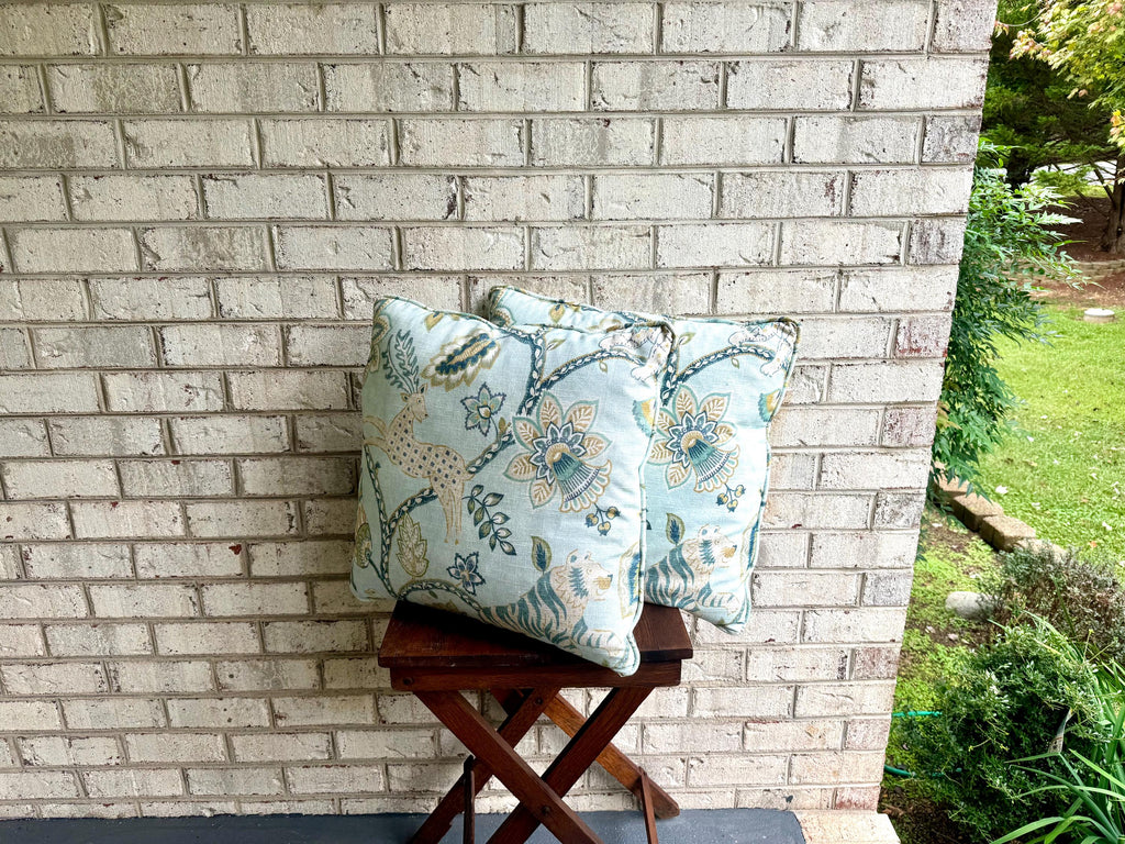 A Pair of Whimsical Jonah Aqua Pillows | Aqua Blue Jonah Fabric Pillows | Whimsical Animal Pillows 19" x 19" pillows