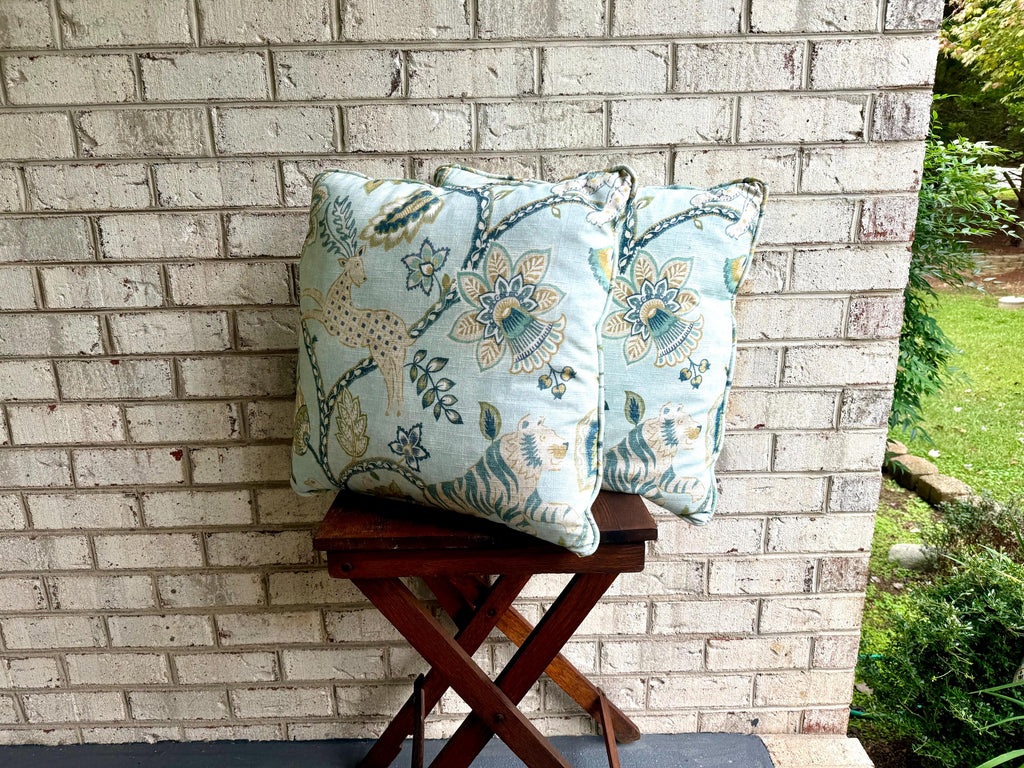 A Pair of Whimsical Jonah Aqua Pillows | Aqua Blue Jonah Fabric Pillows | Whimsical Animal Pillows 19" x 19" pillows