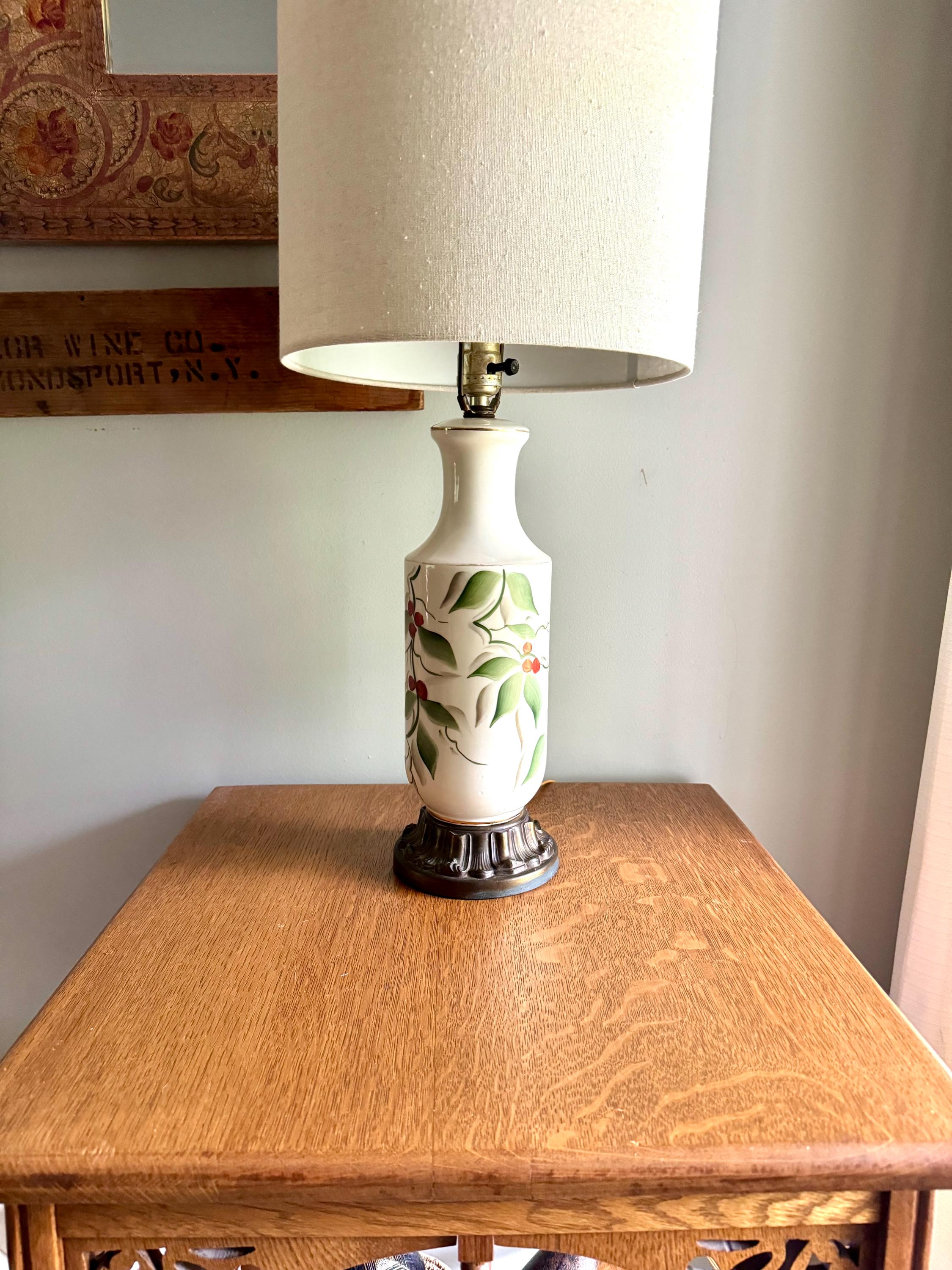 Vintage Mid Century Hand Painted Ceramic Lamp | Elegant Table Lamp | Hand Painted Floral Desk Lamp