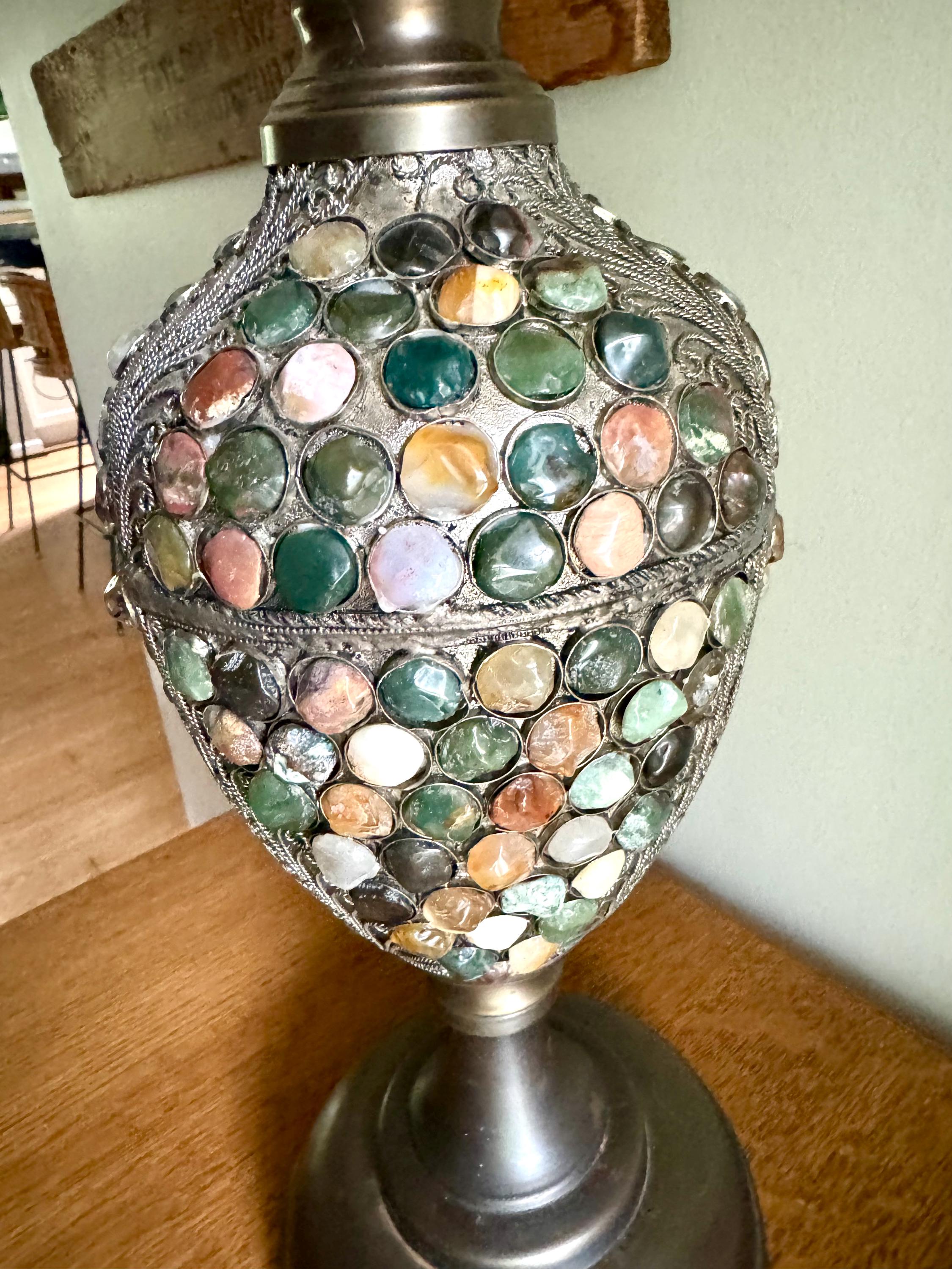 Vintage Currey & Company Metal and Stone Lamp | Stone Embossed Lamp | Currey and Company Metal Filigree Lamp | Boho Lamp