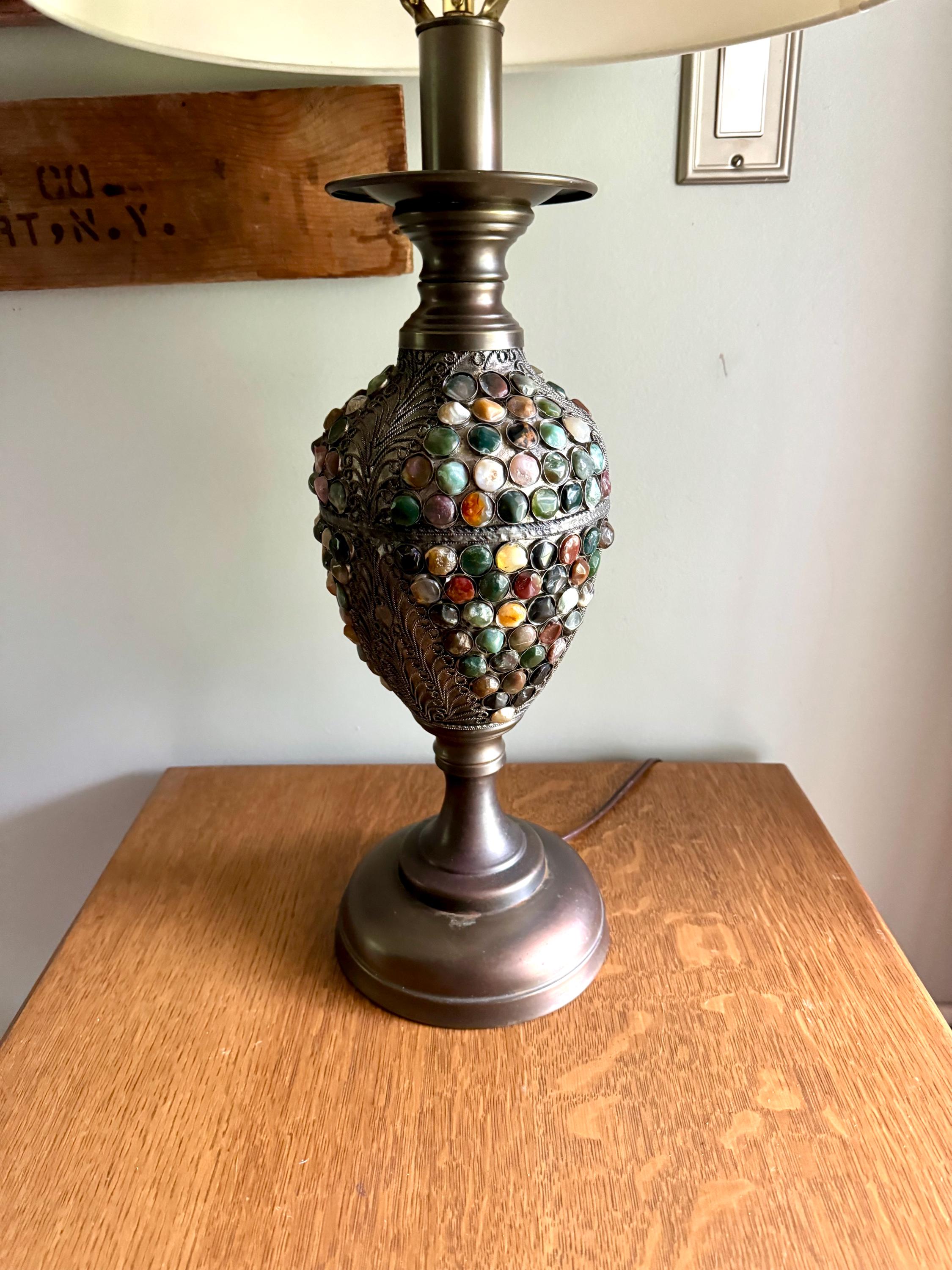 Vintage Currey & Company Metal and Stone Lamp | Stone Embossed Lamp | Currey and Company Metal Filigree Lamp | Boho Lamp
