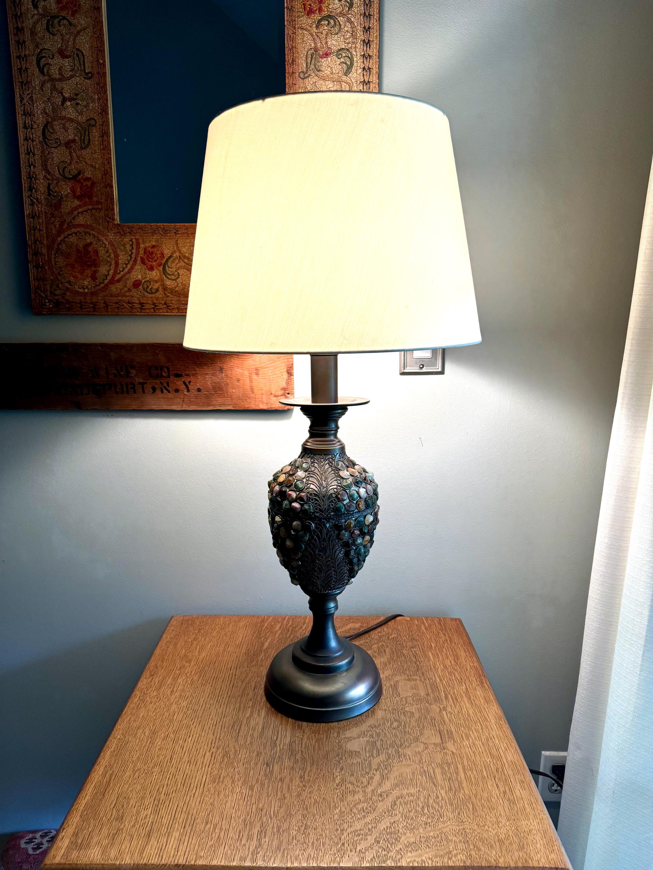 Vintage Currey & Company Metal and Stone Lamp | Stone Embossed Lamp | Currey and Company Metal Filigree Lamp | Boho Lamp