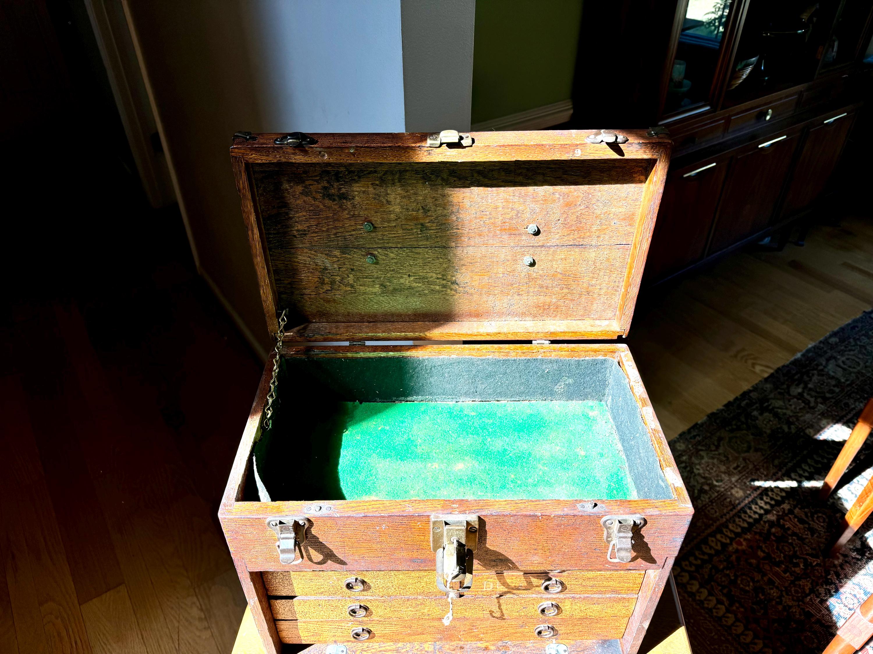 Antique Oak Machinist Tool Chest | Wooden Tool Chest | Oak Journeyman Chest | 6 Drawer Wood Toolbox Without Front Cover | Wood Tool Chest