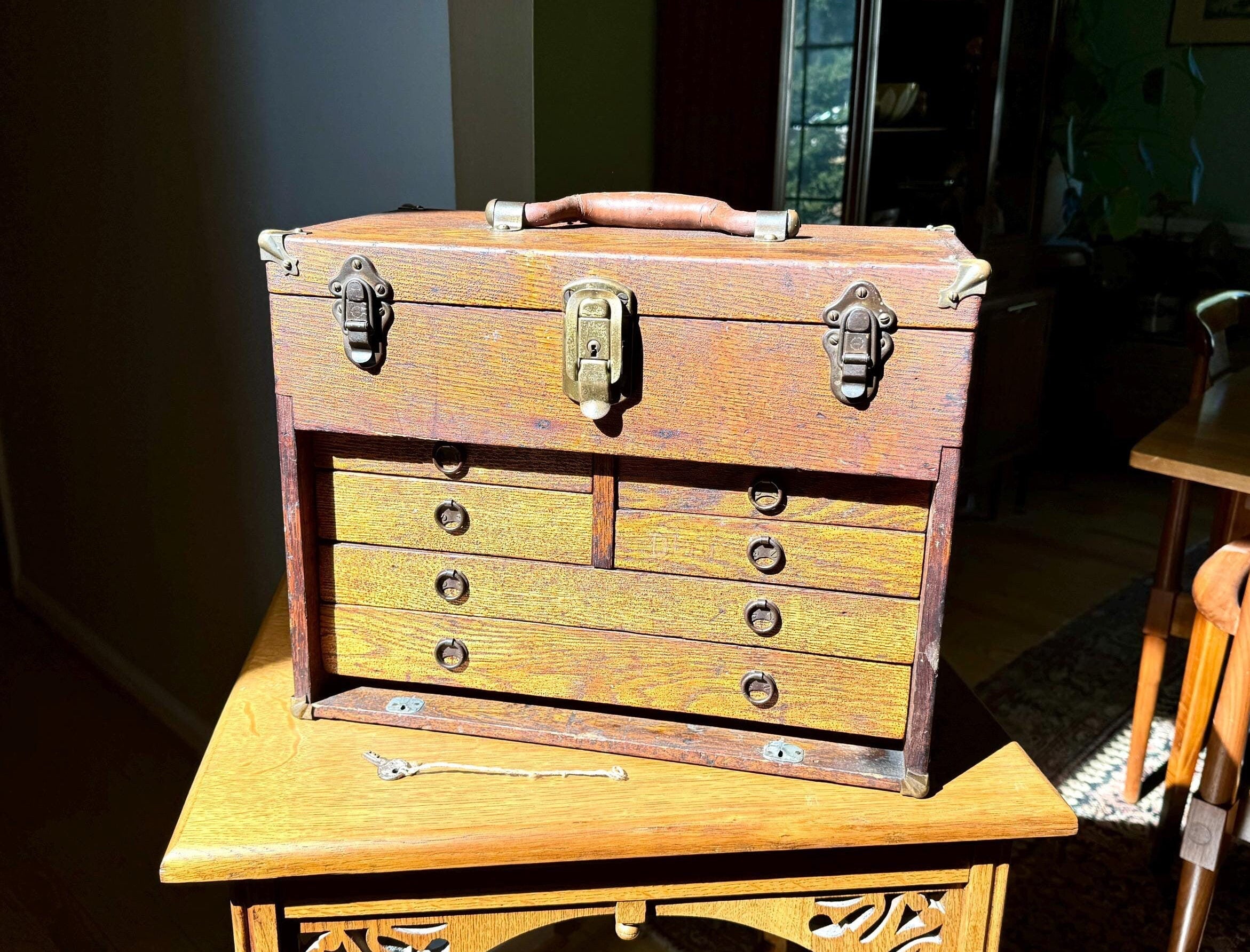 Antique Oak Machinist Tool Chest | Wooden Tool Chest | Oak Journeyman Chest | 6 Drawer Wood Toolbox Without Front Cover | Wood Tool Chest