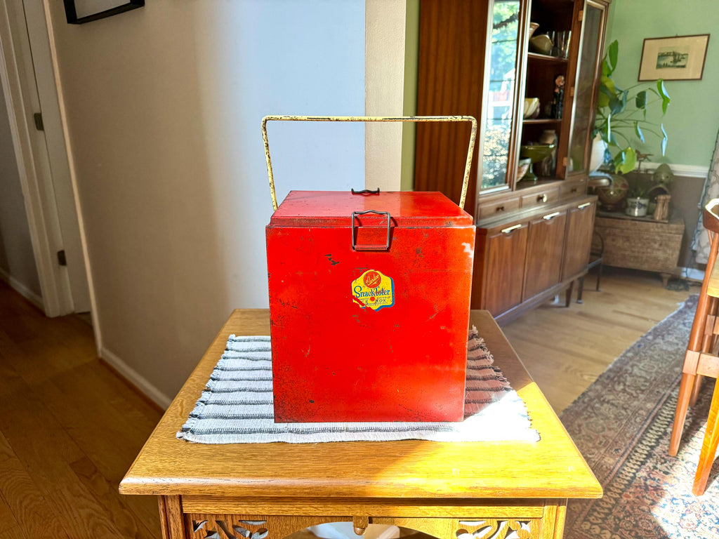 1950's Carlco Snack Toter Ice Box | Vintage Red Metal Ice Box | Insulated Metal Ice Box | Red and Yellow Metal Box with Handle