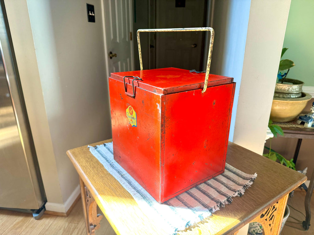 1950's Carlco Snack Toter Ice Box | Vintage Red Metal Ice Box | Insulated Metal Ice Box | Red and Yellow Metal Box with Handle