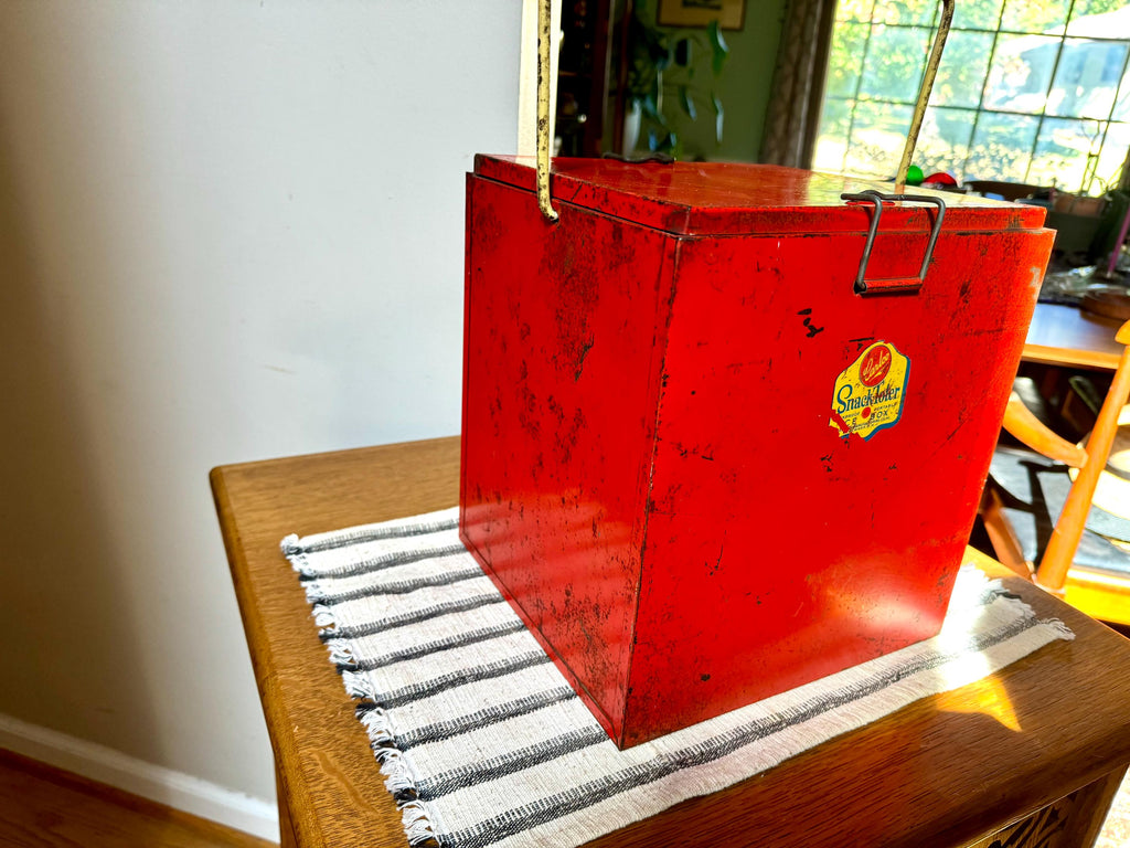 1950's Carlco Snack Toter Ice Box | Vintage Red Metal Ice Box | Insulated Metal Ice Box | Red and Yellow Metal Box with Handle