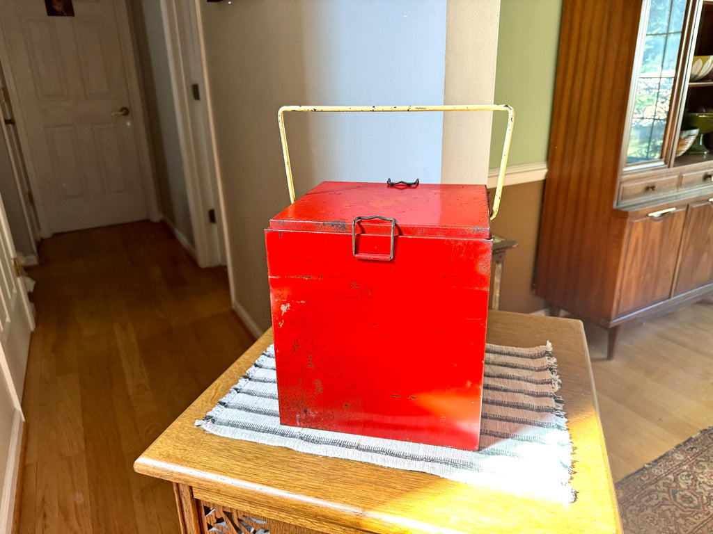 1950's Carlco Snack Toter Ice Box | Vintage Red Metal Ice Box | Insulated Metal Ice Box | Red and Yellow Metal Box with Handle