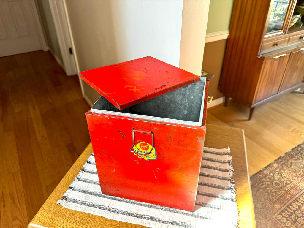 1950's Carlco Snack Toter Ice Box | Vintage Red Metal Ice Box | Insulated Metal Ice Box | Red and Yellow Metal Box with Handle