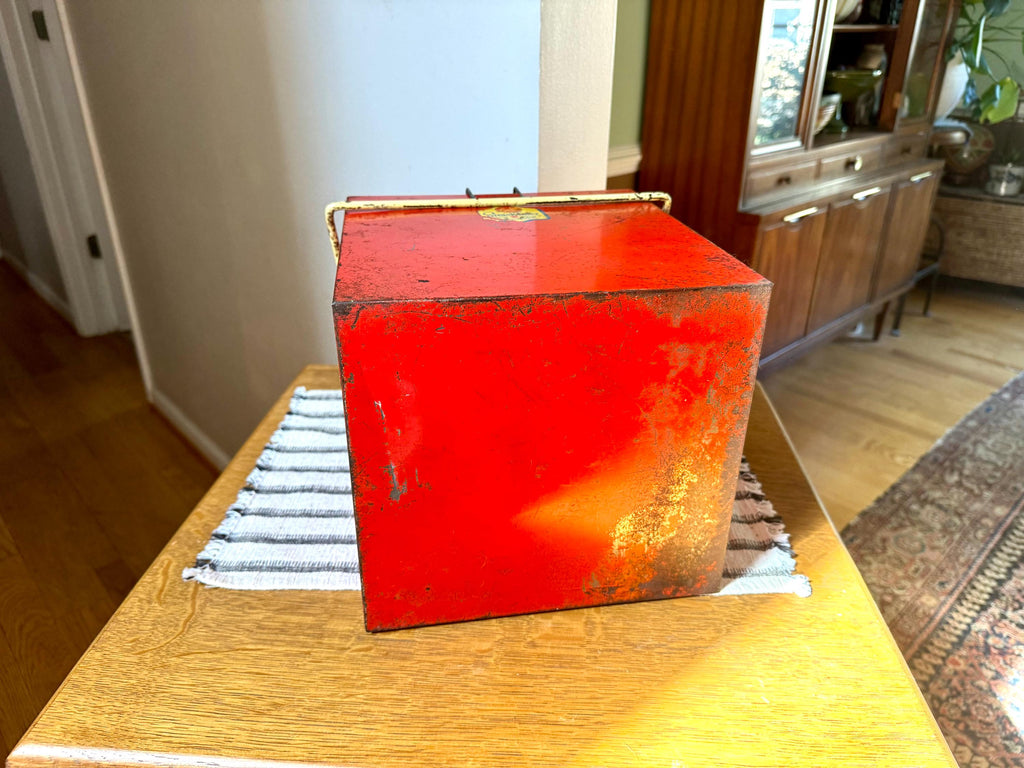 1950's Carlco Snack Toter Ice Box | Vintage Red Metal Ice Box | Insulated Metal Ice Box | Red and Yellow Metal Box with Handle