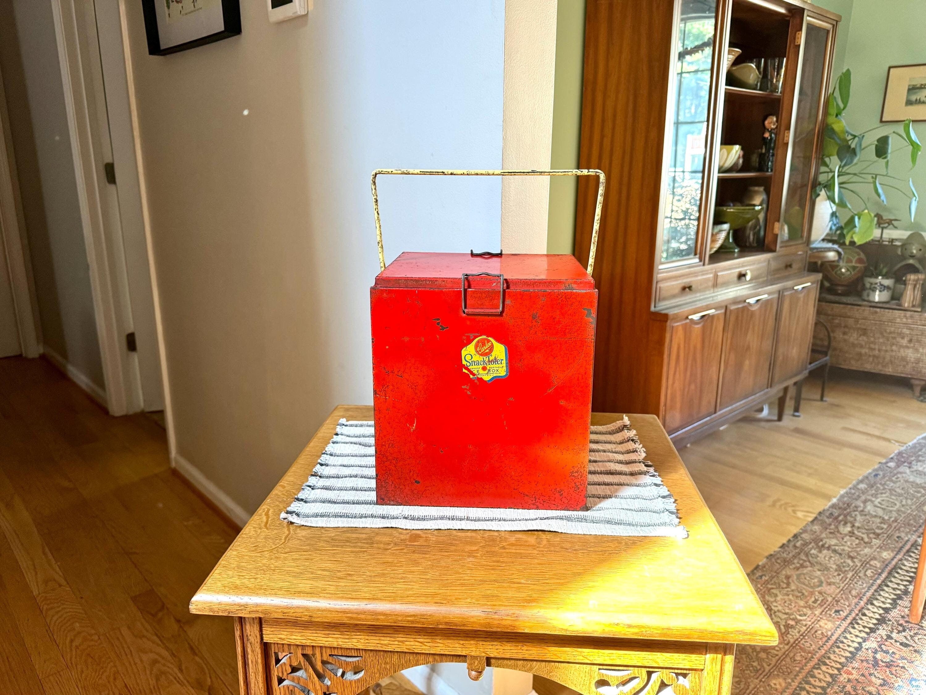 1950's Carlco Snack Toter Ice Box | Vintage Red Metal Ice Box | Insulated Metal Ice Box | Red and Yellow Metal Box with Handle