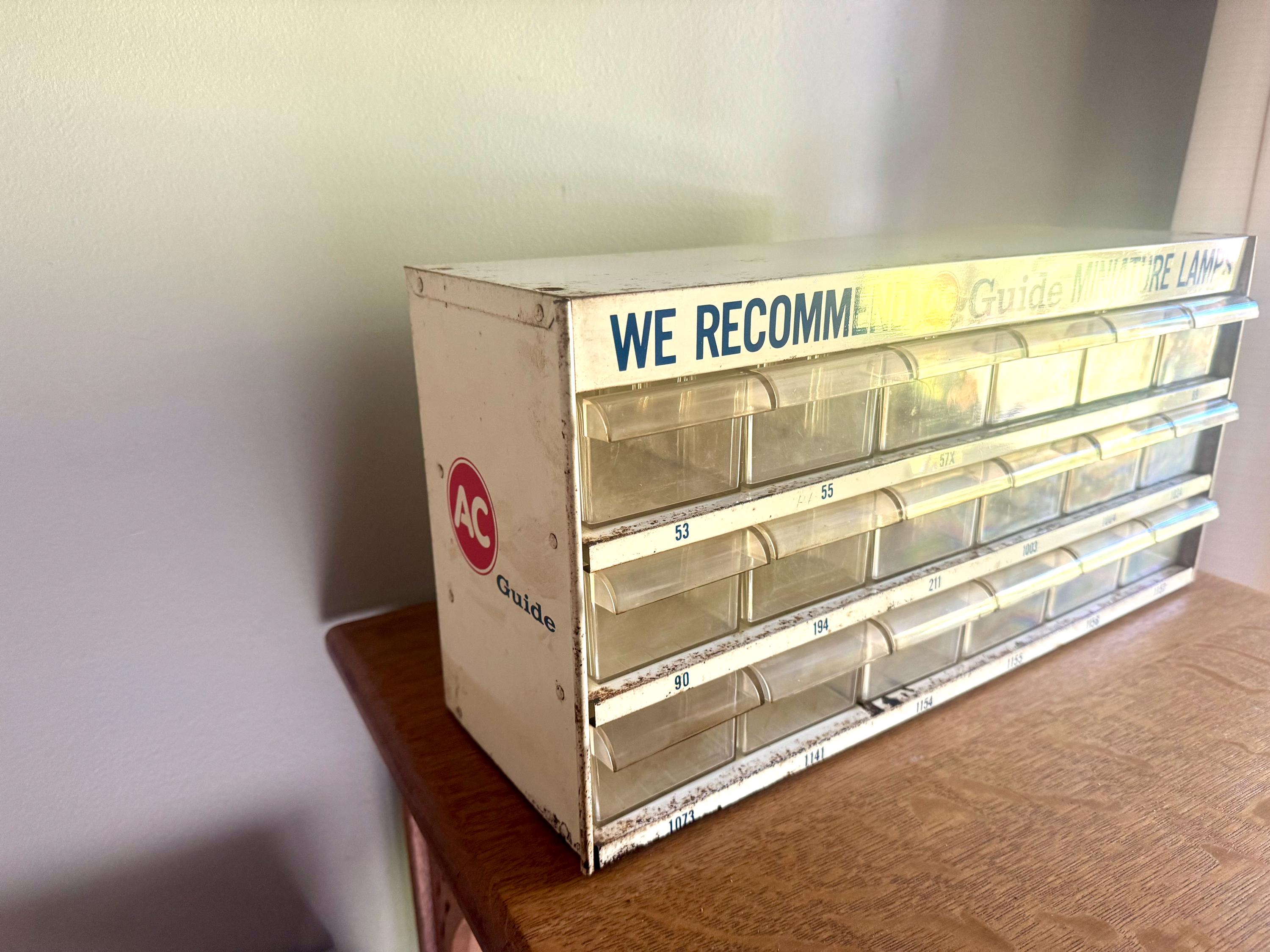 A Metal AC Delco Miniture Light Bulb Cabinet| GM Ac Delco Metal Parts Cabinet | Automotive Advertisement Bin | Vintage Automotive Lamp Cabinet