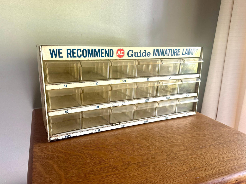 A Metal AC Delco Miniture Light Bulb Cabinet| GM Ac Delco Metal Parts Cabinet | Automotive Advertisement Bin | Vintage Automotive Lamp Cabinet