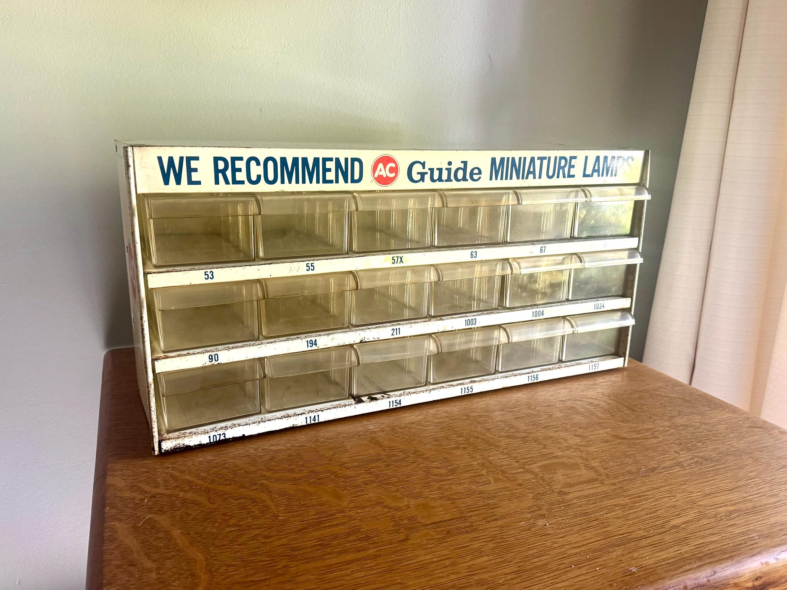 A Metal AC Delco Miniture Light Bulb Cabinet| GM Ac Delco Metal Parts Cabinet | Automotive Advertisement Bin | Vintage Automotive Lamp Cabinet
