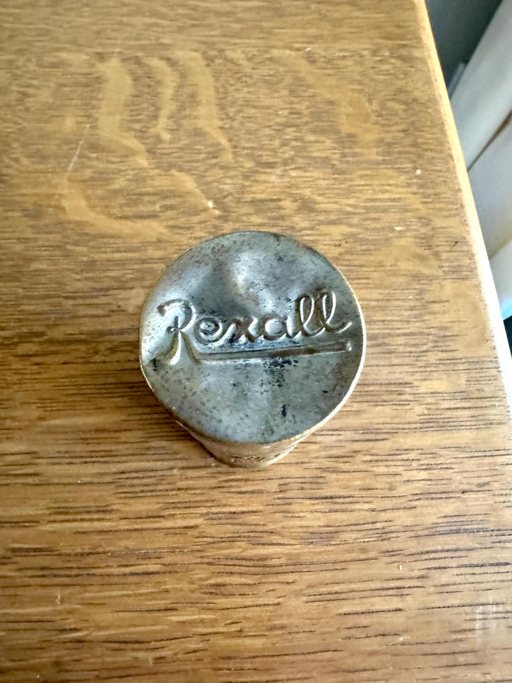 Antique Rexall Shaving Stick Tin | Distressed Gold Toned Rexall Shaving Stick Tin | United Drug Company Tin | Advertisement Storage Tin