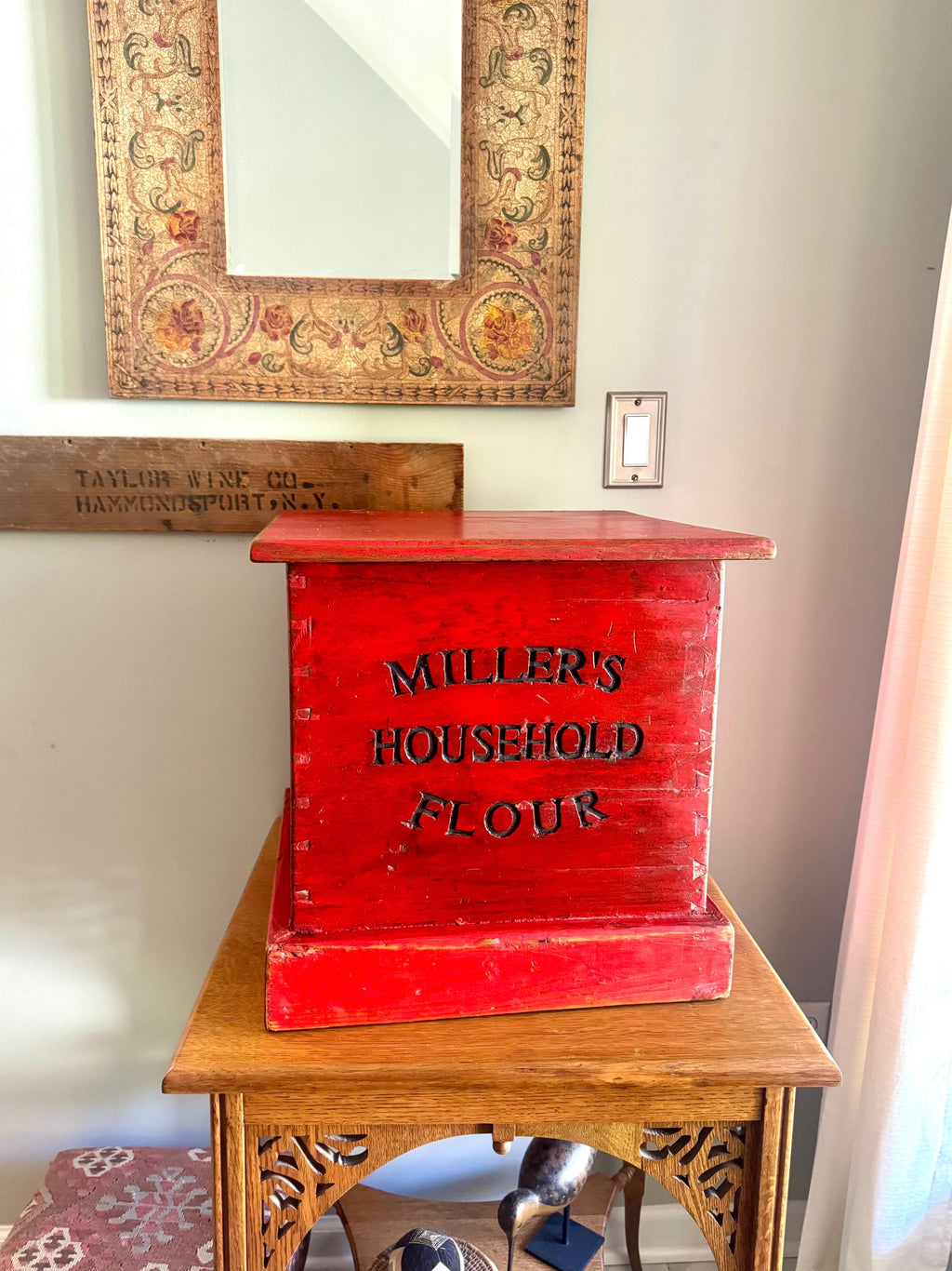 Antique Red Flour Wood Crate | Vintage Rustic Wooden Miller's Household Flour Box | Rustic Red Storage Box | Large Distressed Red Wood Flour Box