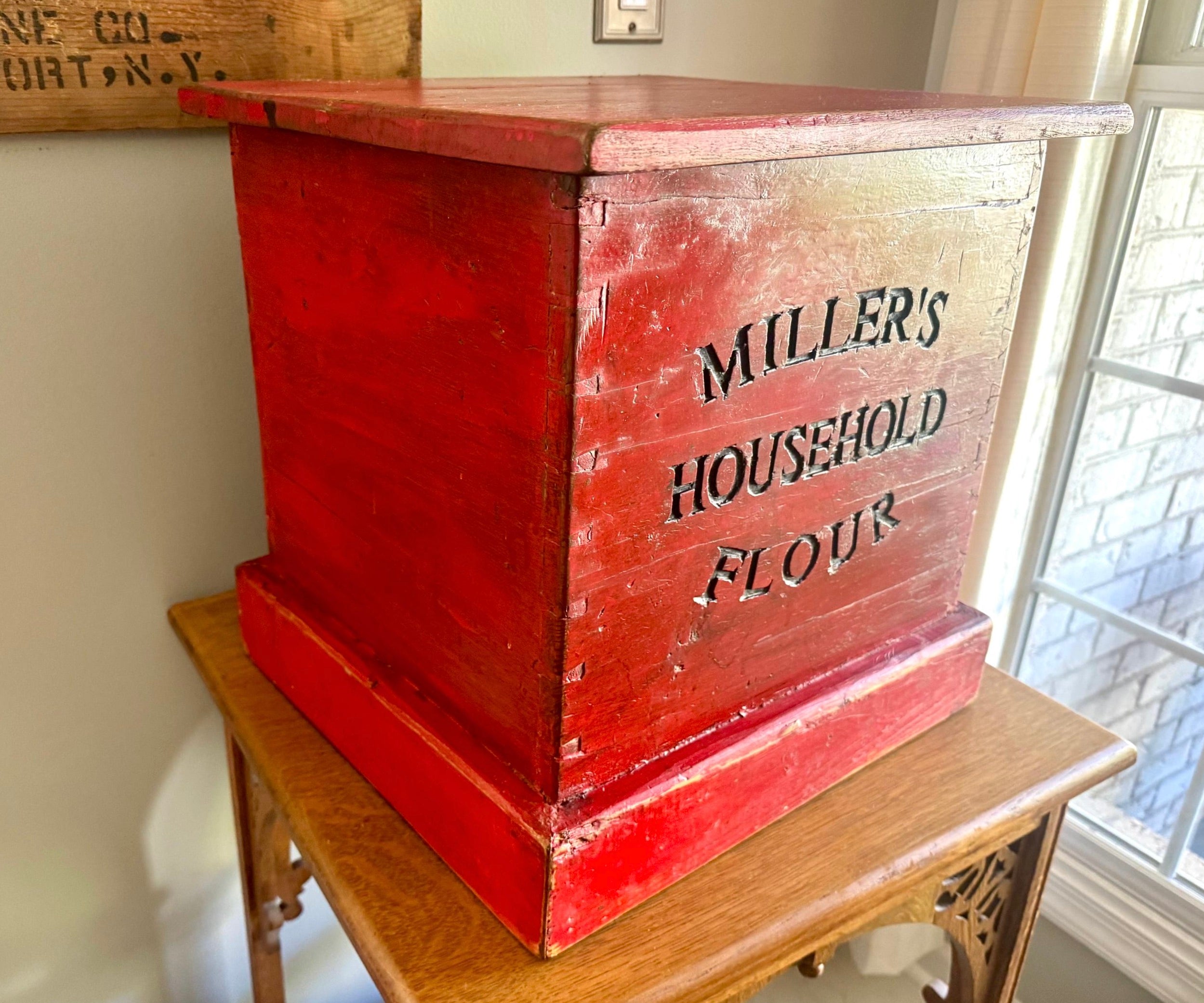 Antique Red Flour Wood Crate | Vintage Rustic Wooden Miller's Household Flour Box | Rustic Red Storage Box | Large Distressed Red Wood Flour Box