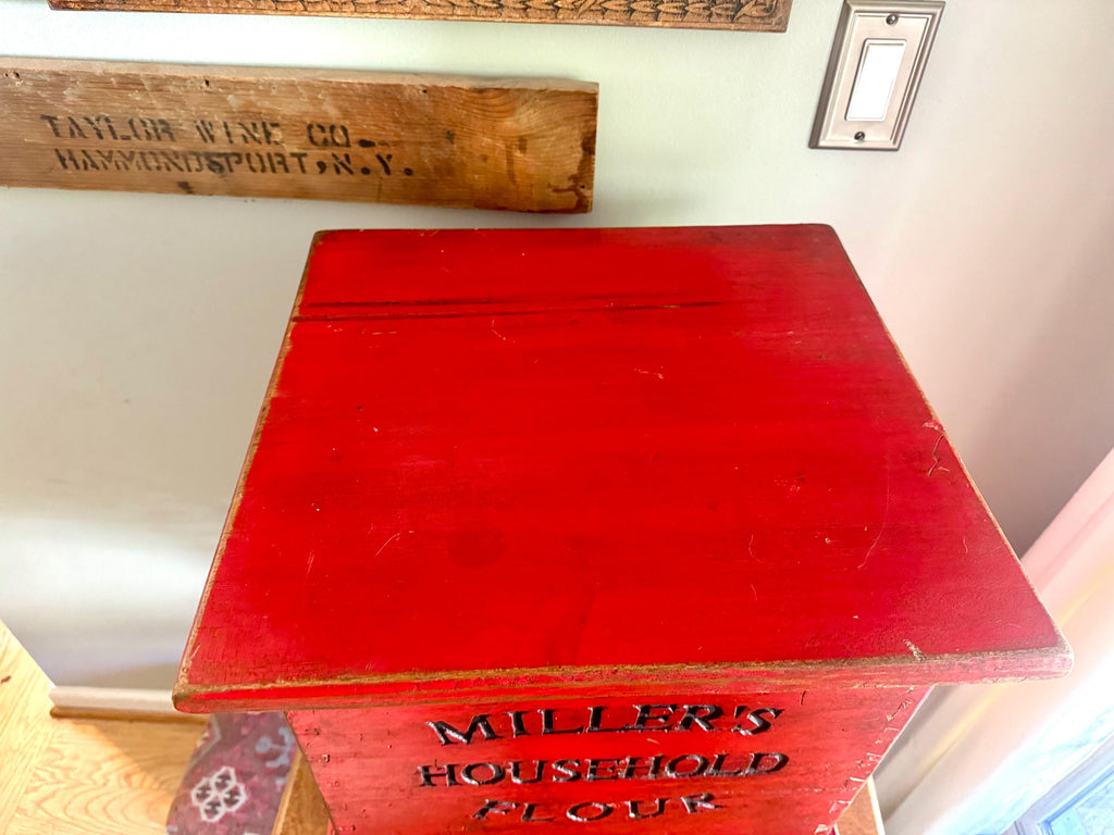 Antique Red Flour Wood Crate | Vintage Rustic Wooden Miller's Household Flour Box | Rustic Red Storage Box | Large Distressed Red Wood Flour Box