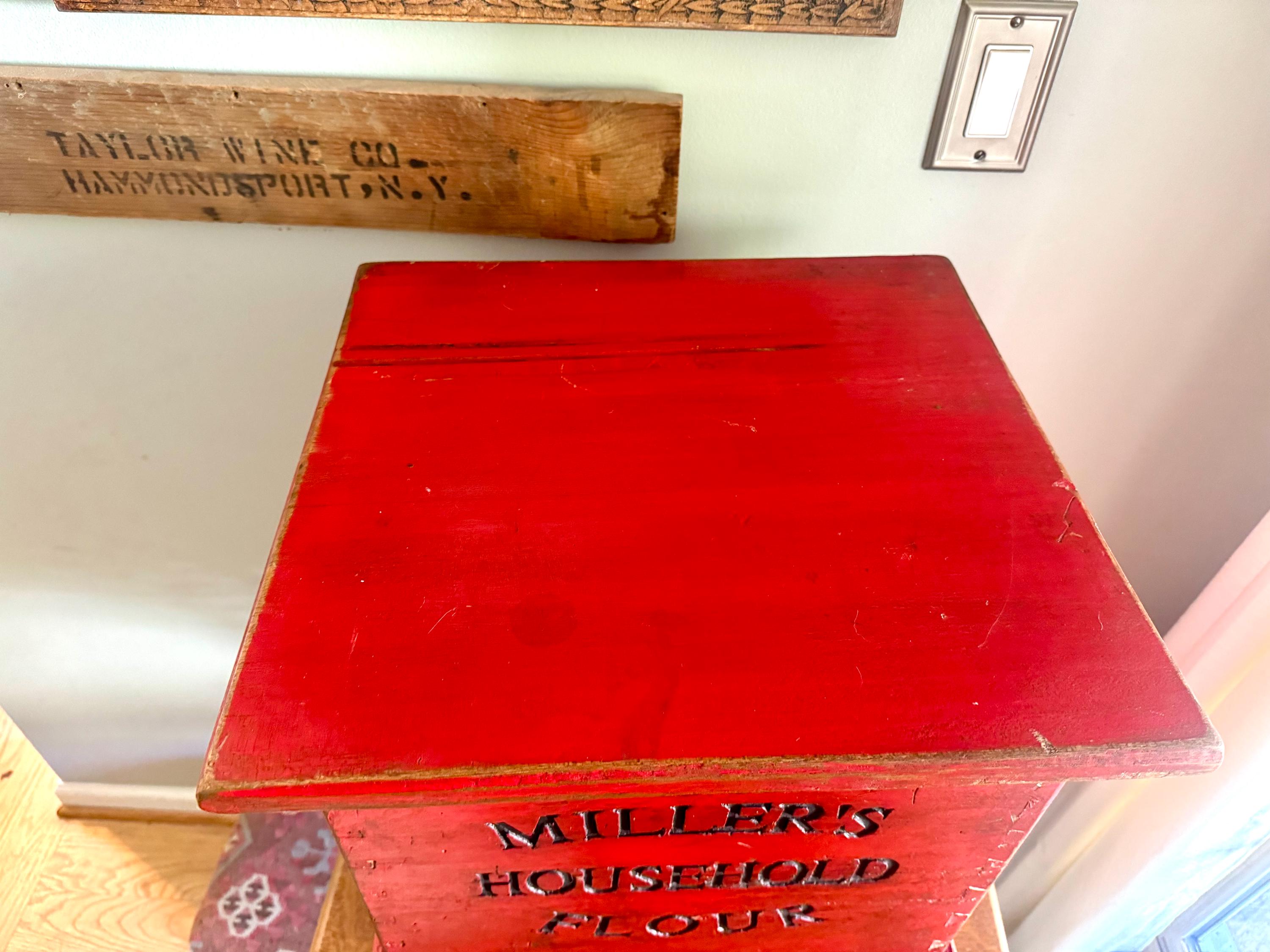 Antique Red Flour Wood Crate | Vintage Rustic Wooden Miller's Household Flour Box | Rustic Red Storage Box | Large Distressed Red Wood Flour Box