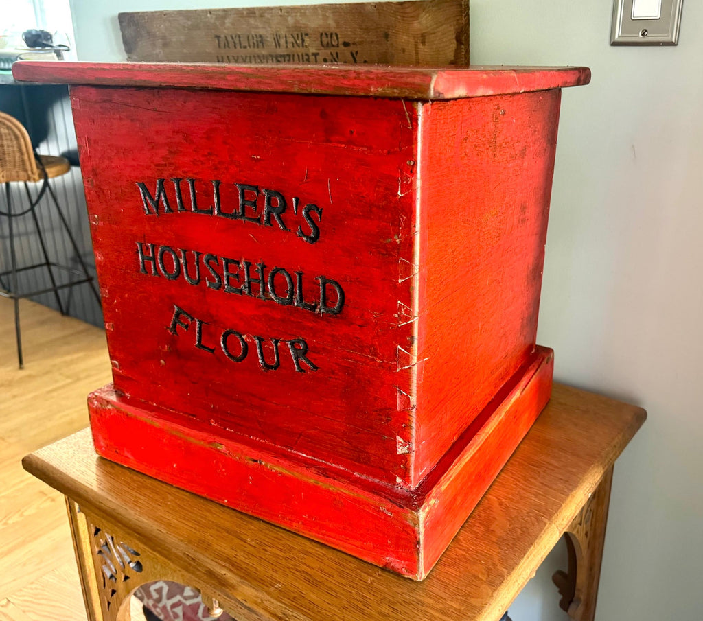 Antique Red Flour Wood Crate | Vintage Rustic Wooden Miller's Household Flour Box | Rustic Red Storage Box | Large Distressed Red Wood Flour Box