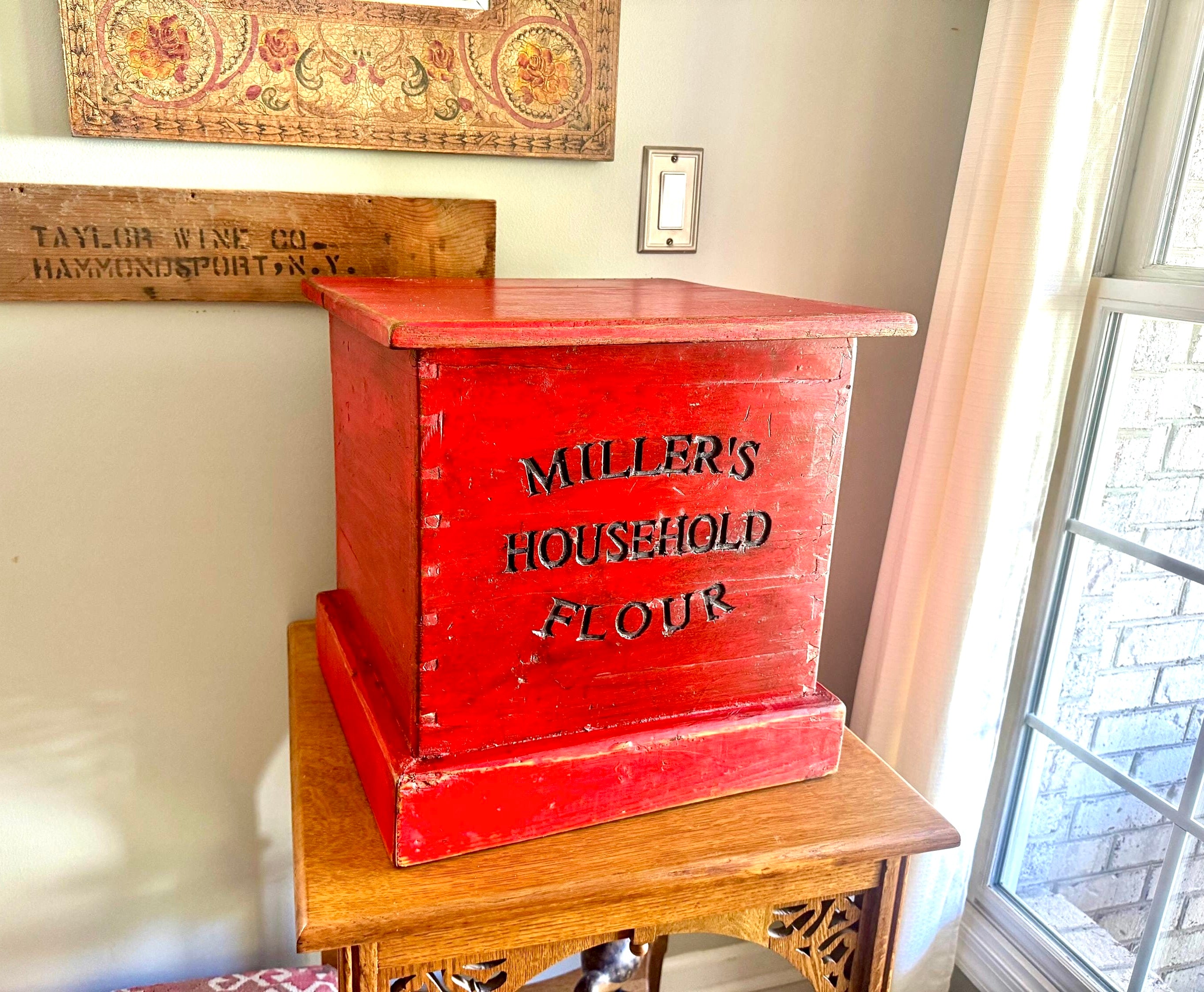Antique Red Flour Wood Crate | Vintage Rustic Wooden Miller's Household Flour Box | Rustic Red Storage Box | Large Distressed Red Wood Flour Box