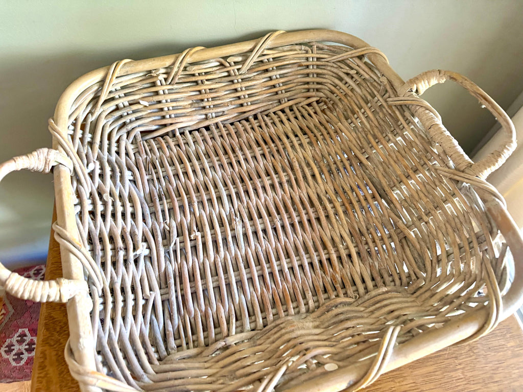 Vtg Wicker Bread Basket | Rustic Wicker Storage | 80's Bohemian Basket | Wall Wicker Basket | Flat Rattan Basket | Beach House Decor