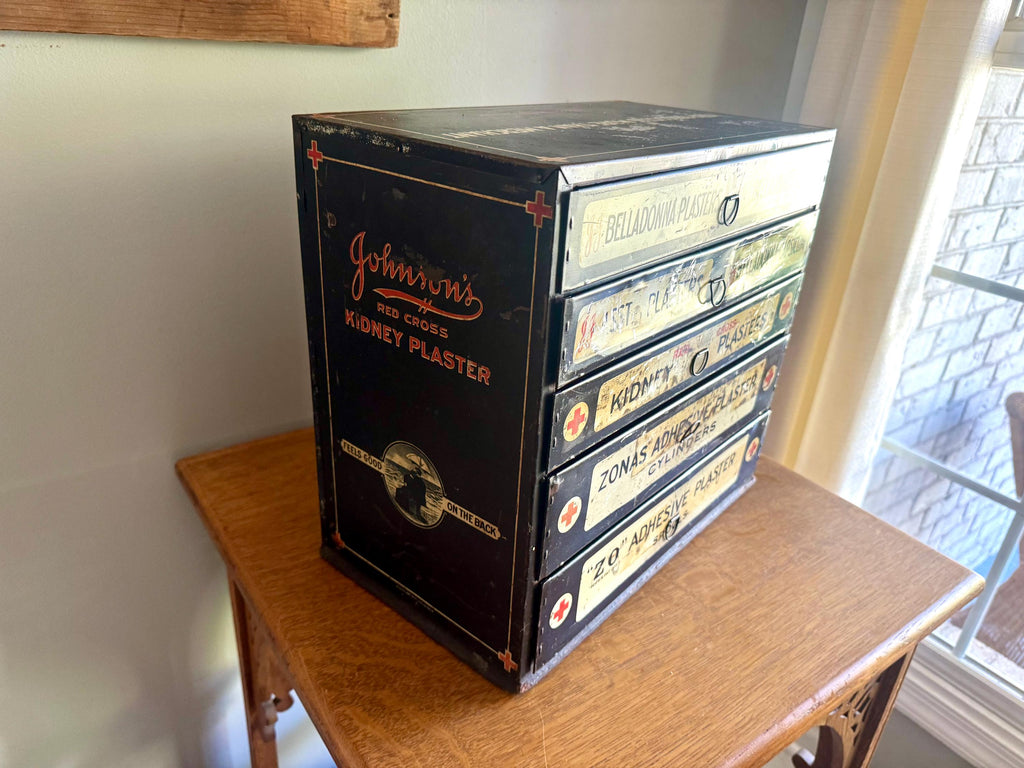 Antique Johnson & Johnson Medicated Plaster Display Bin | Pharmacy Kidney Plaster Cabinet | J and J Advertisement Metal Medical Cabinet