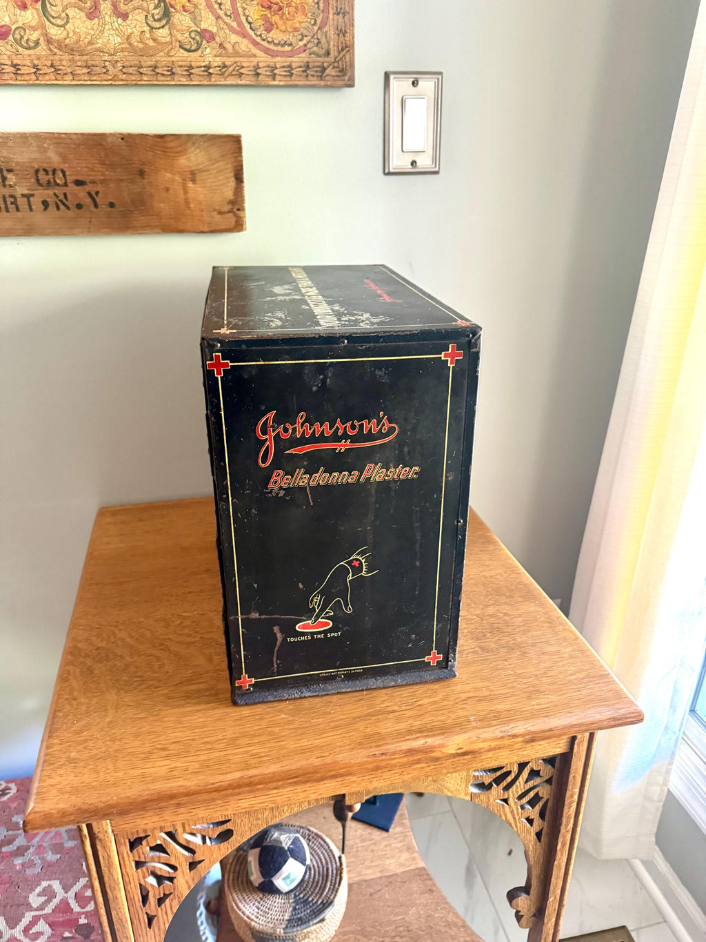 Antique Johnson & Johnson Medicated Plaster Display Bin | Pharmacy Kidney Plaster Cabinet | J and J Advertisement Metal Medical Cabinet